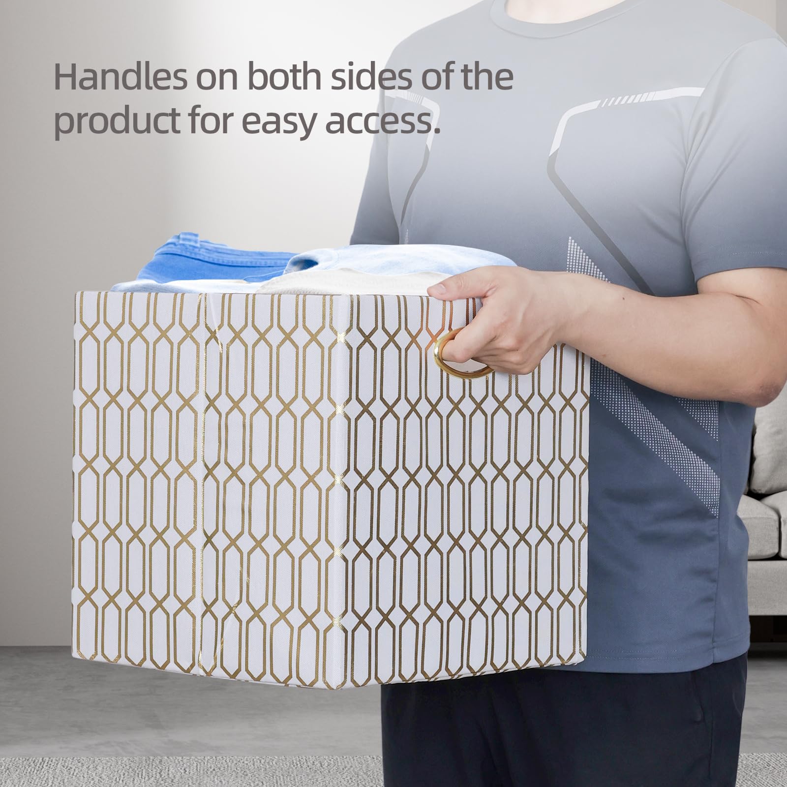 13x13x13 Collapsible Fabric Storage Cube Bins - 4 Pack Organizer Baskets for Shelves, Closet, Wardrobe, Bookshelf & Cabinet - White & Shiny Gold | Perfect for Home Organization, Kids Room & Office Storage