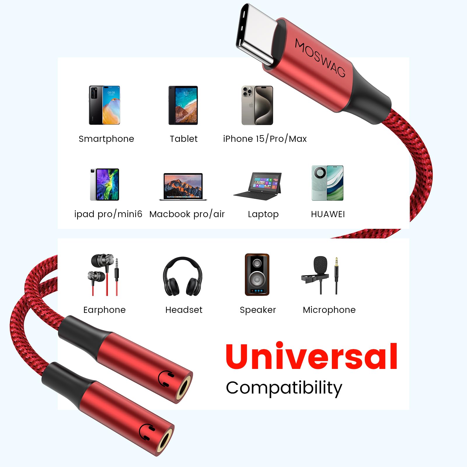 MOSWAG USB-C to Dual 3.5mm Headphone Jack Adapter - Hi-Res Audio Splitter Cable for iPad, Samsung Galaxy S24/S23, Google Pixel 7/6/5 Pro - Perfect for Music Sharing, Gaming & Car Audio Systems