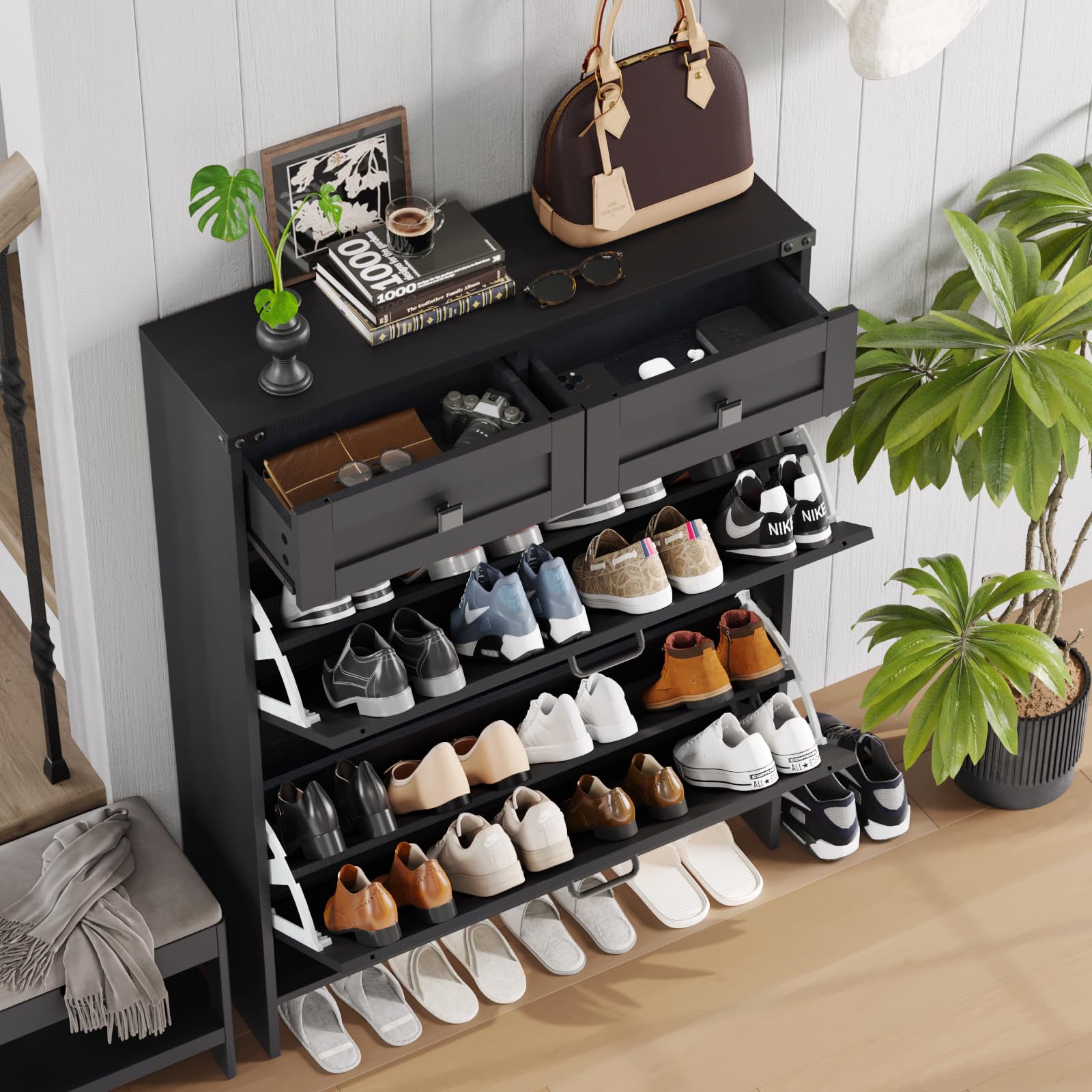 Farmhouse Style Shoe Storage Cabinet with 2 Flip Drawers & 2 Regular Drawers - Freestanding Entryway Organizer with Legs, Black - Perfect for Small Spaces, Hallway, Mudroom & Apartment Entry Organization