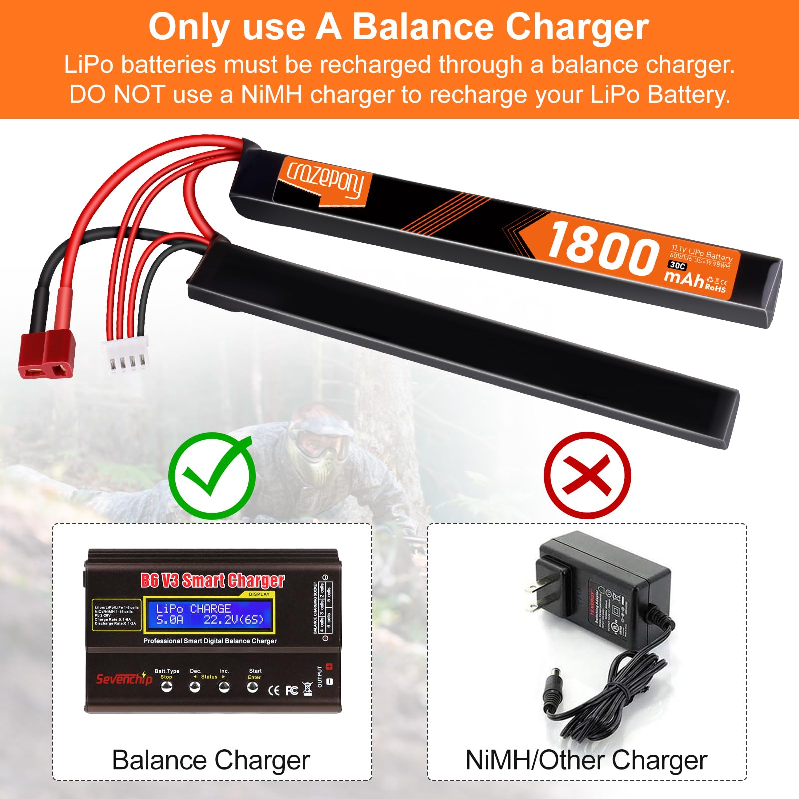Crazepony 11.1V 1800mAh 3S LiPo Battery with Deans T Plug to Mini Tamiya Cable - High Performance RC Drone Battery for FPV Racing, RC Cars, and Airsoft Guns