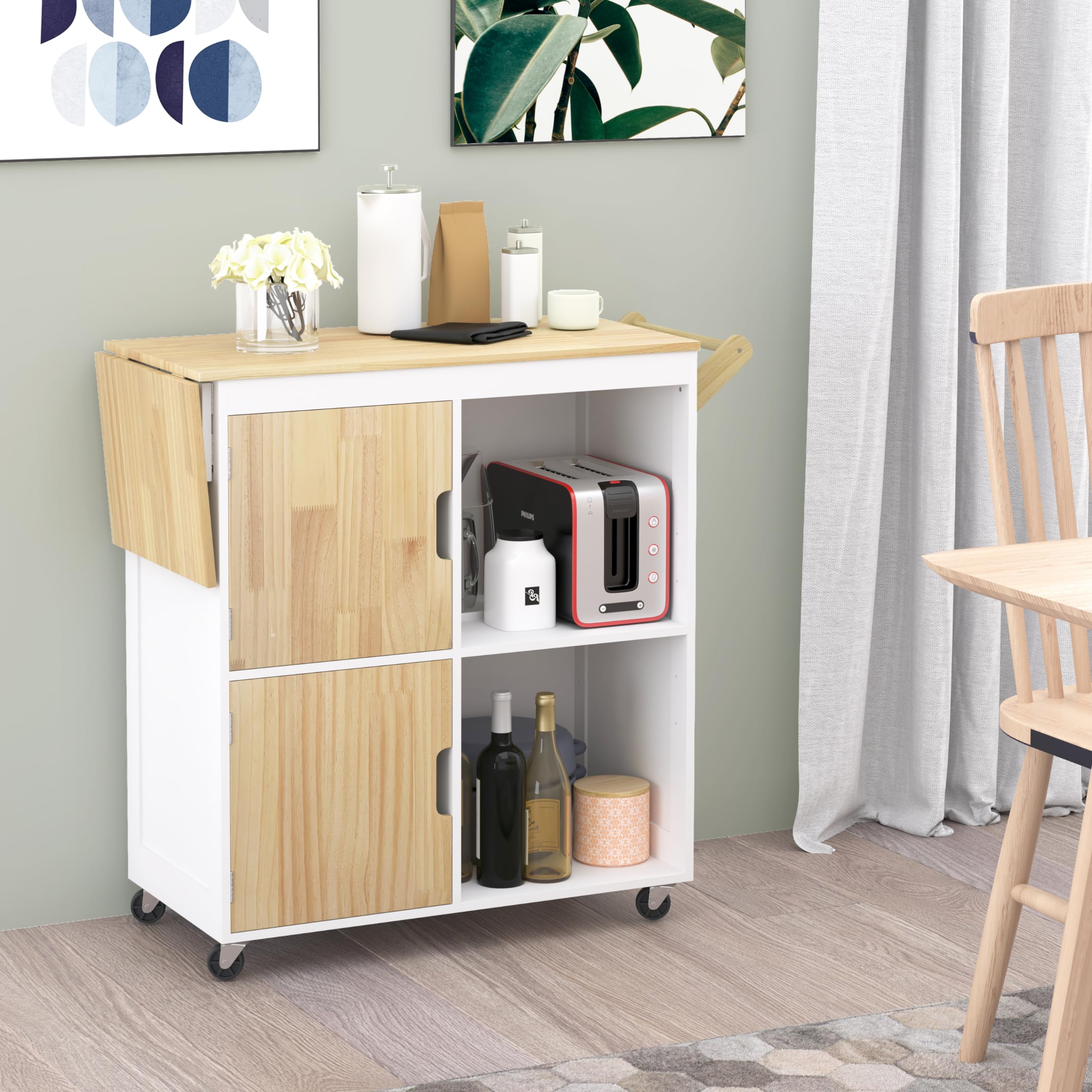 Usinso Rolling Kitchen Island with Drop Leaf Countertop - Mobile Kitchen Storage Cabinet with Handle Racks & Locking Casters - White Kitchen Cart for Small Spaces, Bar Liquor Storage & Dining Prep Station