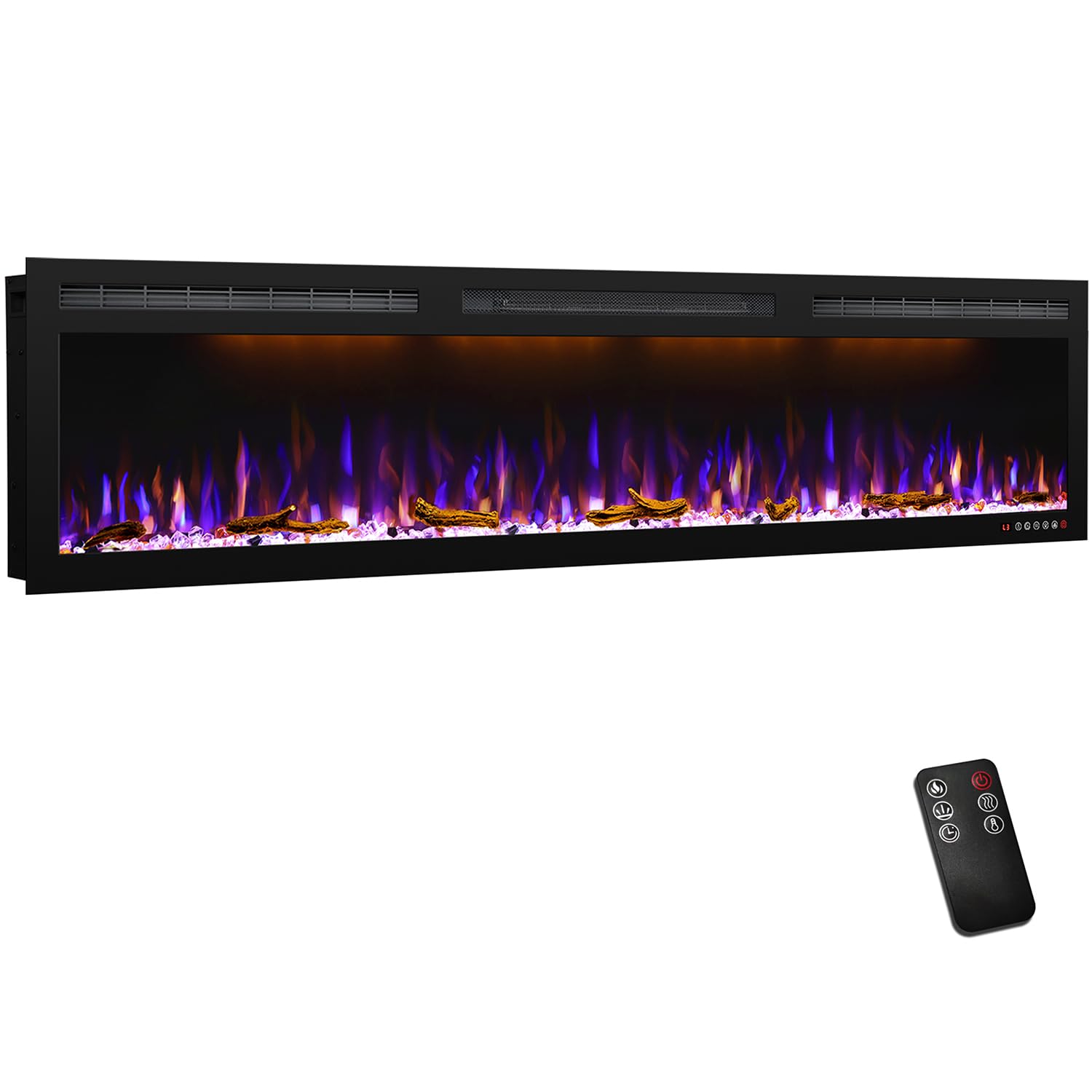 72 Inch Ultra Slim Electric Fireplace - Recessed & Wall Mounted with Multicolor Flame - Log & Crystal Hearth Options - 1500W/750W Heater with Remote Control & Touch Screen - Timer - Perfect for Living Room, Bedroom, or Office