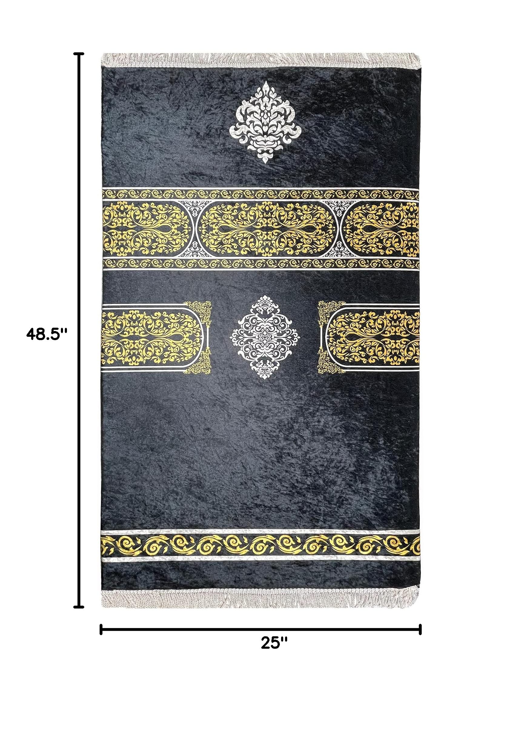 Premium Turkish Islamic Prayer Rug - Thick Padded Comfortable Muslim Prayer Mat for Men & Women | Large Luxury Foam Velvet with Meccan Digital Print in Black & Gold | Perfect for Home, Mosque & Travel Use