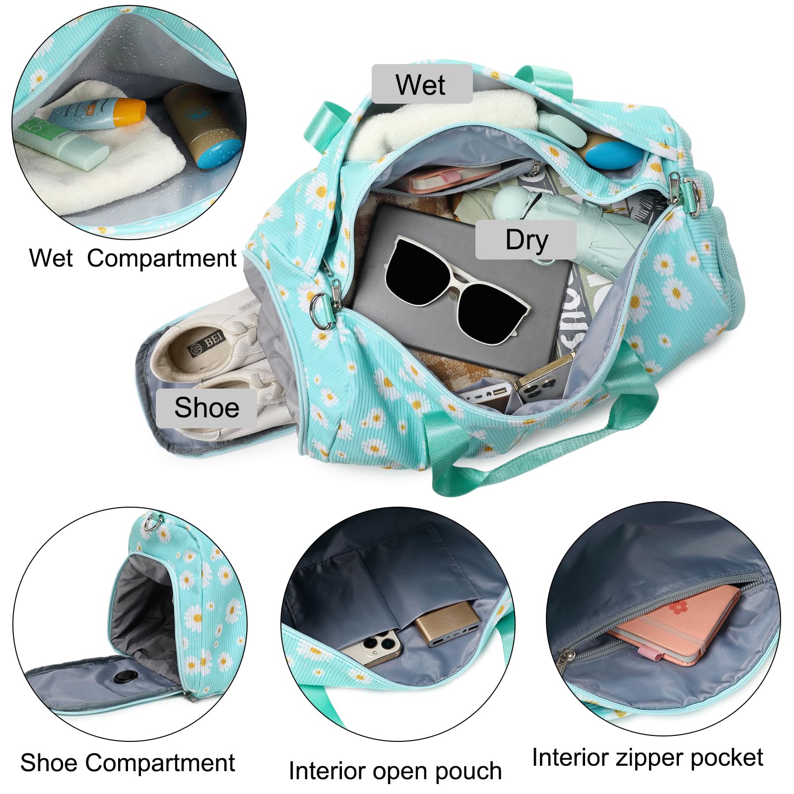 Corduroy Gym Bag for Women - Sports Duffle Ballet Dance Weekender Overnight Yoga Cheer Bag with Separate Wet/Dry Pocket & Shoe Compartment - Perfect for Gym, Travel & Dance Class (Green Daisy)