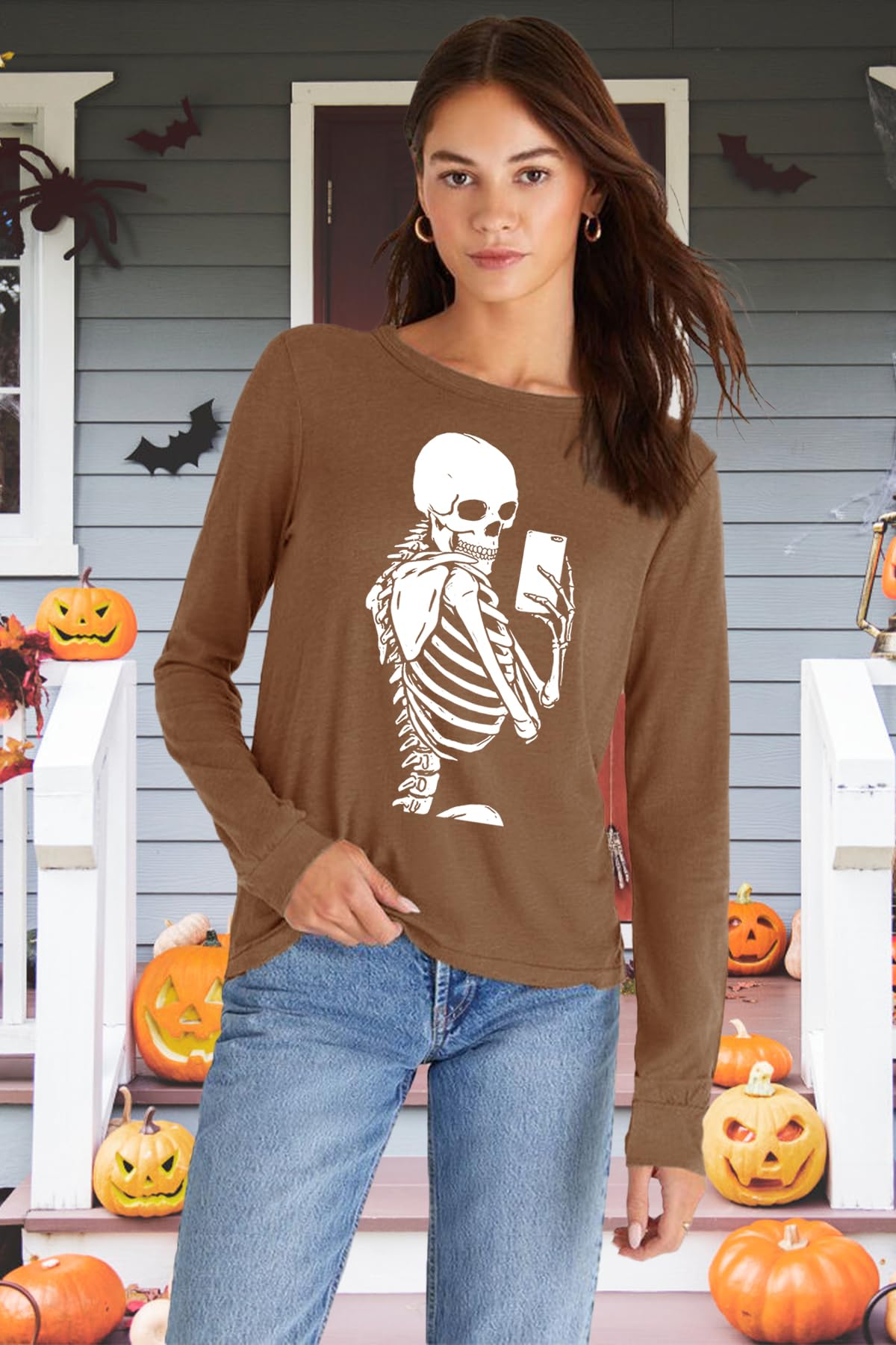 Witch Way to The Wine Halloween Long Sleeve Shirt for Women - Casual Loose Fit Fall Tops | Funny Wine Lover Costume & Autumn Party Outfit