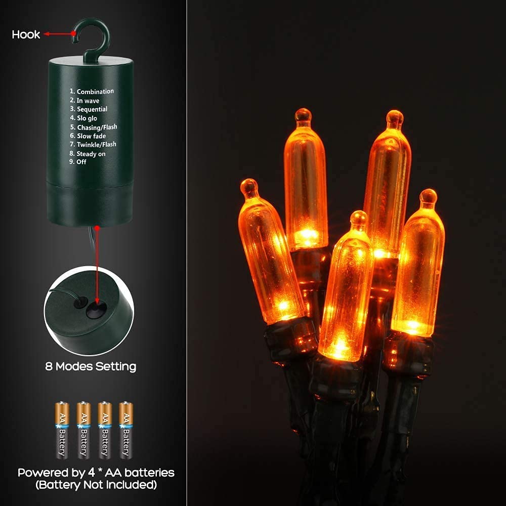 Joomer 33ft 100 LED Orange Halloween Lights - Battery Operated Waterproof String Lights with 8 Modes & Timer - Perfect for Halloween Decorations, Parties, Outdoor & Indoor Home Decor