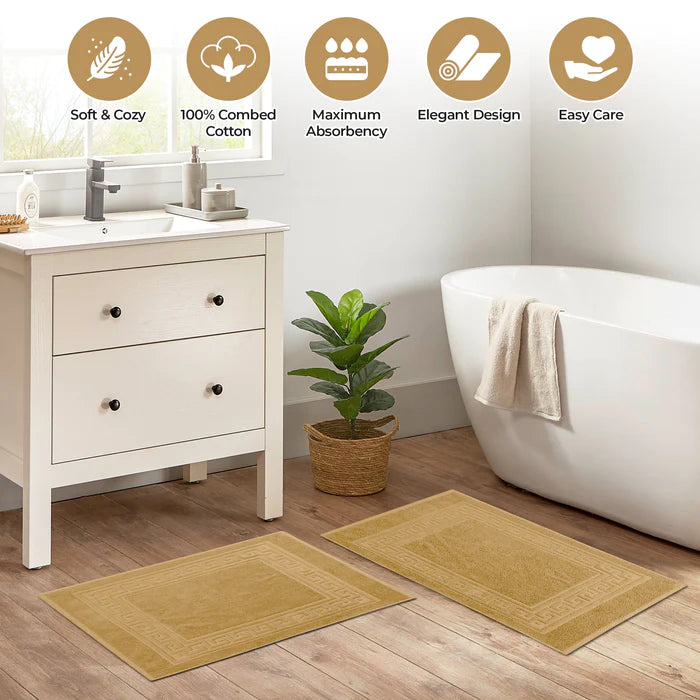 Premium Cotton 2-Piece Greek Key Border Bath Mat Set - Ultra Absorbent, Non-Slip Bathroom Rug - Perfect for Modern Bathrooms, Master Suites & Spa-Like Retreats