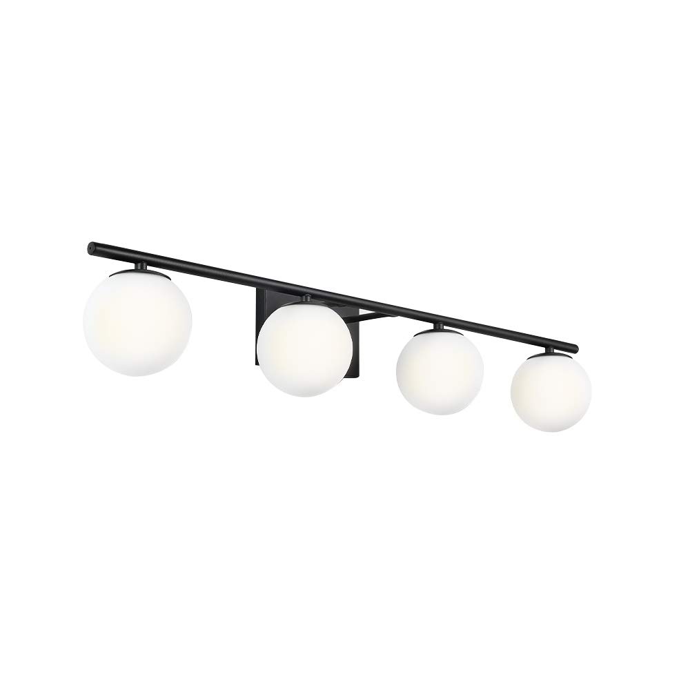 Modern Matte Black Bathroom Vanity Light Fixture - 4-Light Wall Sconce with Milk White Globe Glass Shades (35.43 Inch) - Perfect for Mirror Lighting, Powder Room Decor & Contemporary Bathroom Illumination