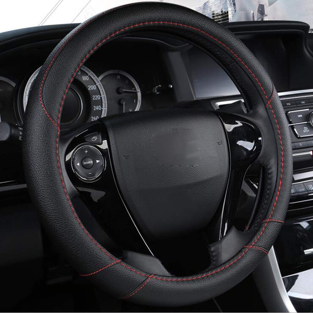 i-Will Four Seasons Leather Steering Wheel Cover - Durable, Breathable, Anti-Slip Universal Fit for 15 Inch Wheels (Black) | Perfect for Summer Heat & Winter Cold Protection, Enhanced Grip & Comfort While Driving