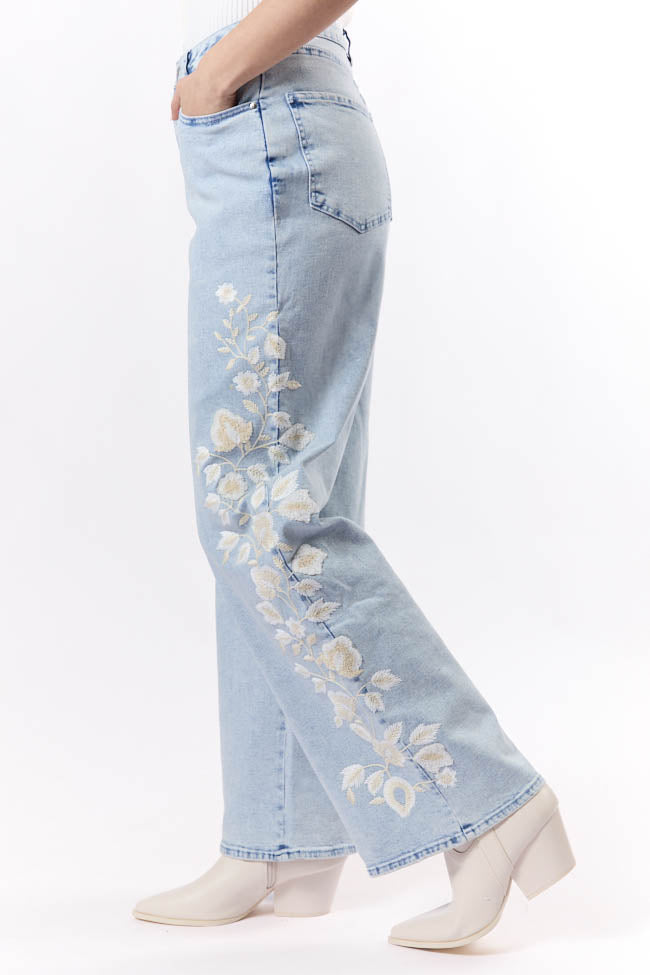 Daisy Light Wash Floral Embroidered Wide Leg Jeans for Women - High Waisted Comfort Denim Pants - Perfect for Casual Outfits, Spring Fashion & Boho Style
