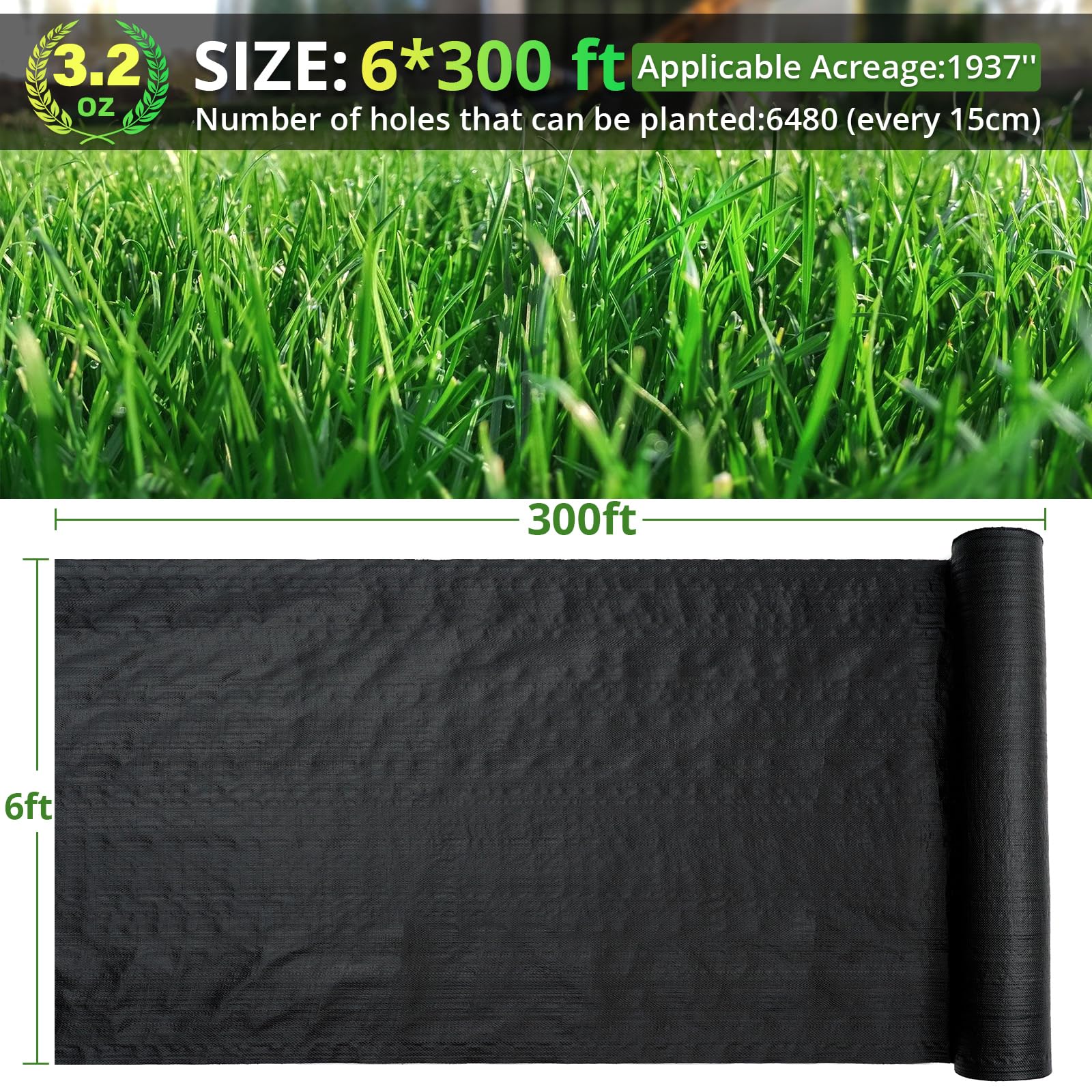 6ft x 300ft Heavy Duty Weed Barrier Landscape Fabric - 3.2oz Woven Geotextile Ground Cover for Gardening, Mulch Cloth, Garden Bed Liner - Perfect for Landscaping, Driveway, Farm, Greenhouse & Weed Control