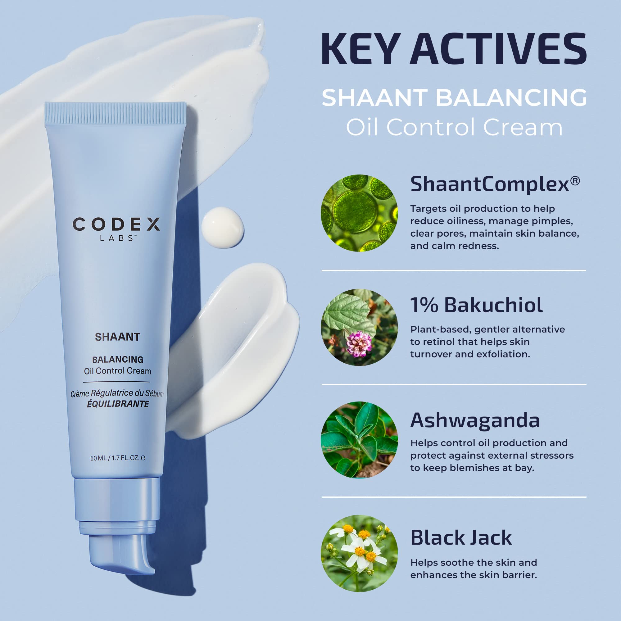 Codex Labs Shaant Balancing Face Cream - Vegan & Cruelty-Free Moisturizer with 1% Bakuchiol & Ashwagandha - Plant-Based Retinol Alternative for Oily & Acne-Prone Skin - Oil Control & Hydration - 1.7oz/50ml - Perfect for Daily Skincare Routine & Nighttime Use
