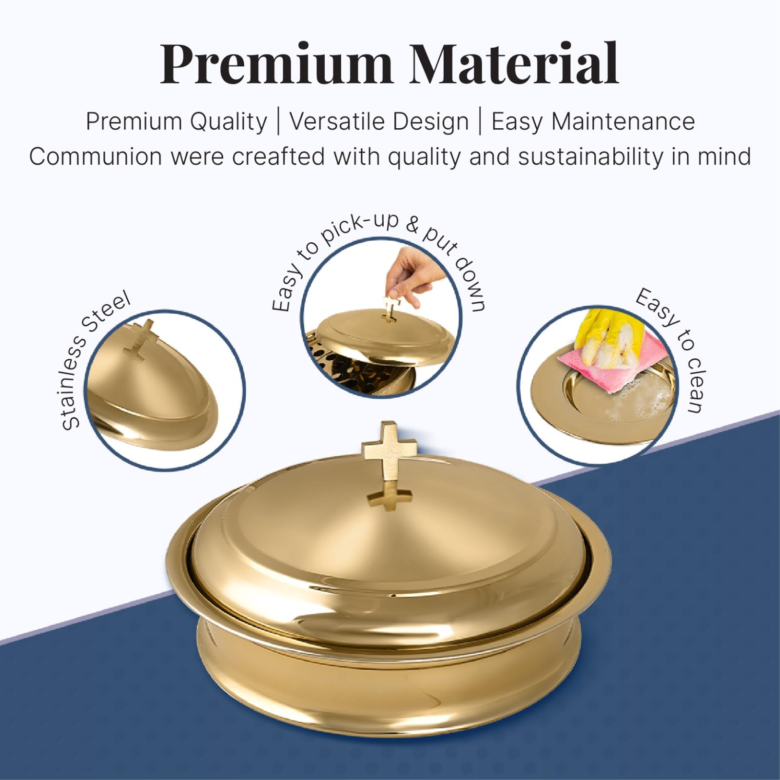 Stainless Steel Communion Ware Set - 3 Holy Wine Serving Trays with Lids & 2 Stacking Bread Plates (Brass/Gold Finish) for Church Services, Weddings, and Religious Ceremonies