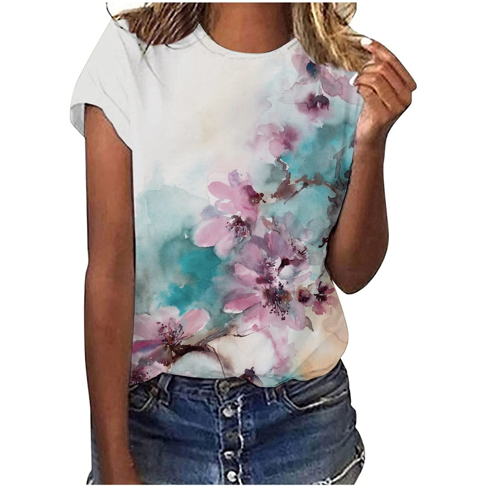 Women's Summer Tops - Floral Print Round Neck Short Sleeve T-Shirts | Casual Basic Tee Shirts & Blouses for Everyday Wear, Beach Outings, and Weekend Outfits