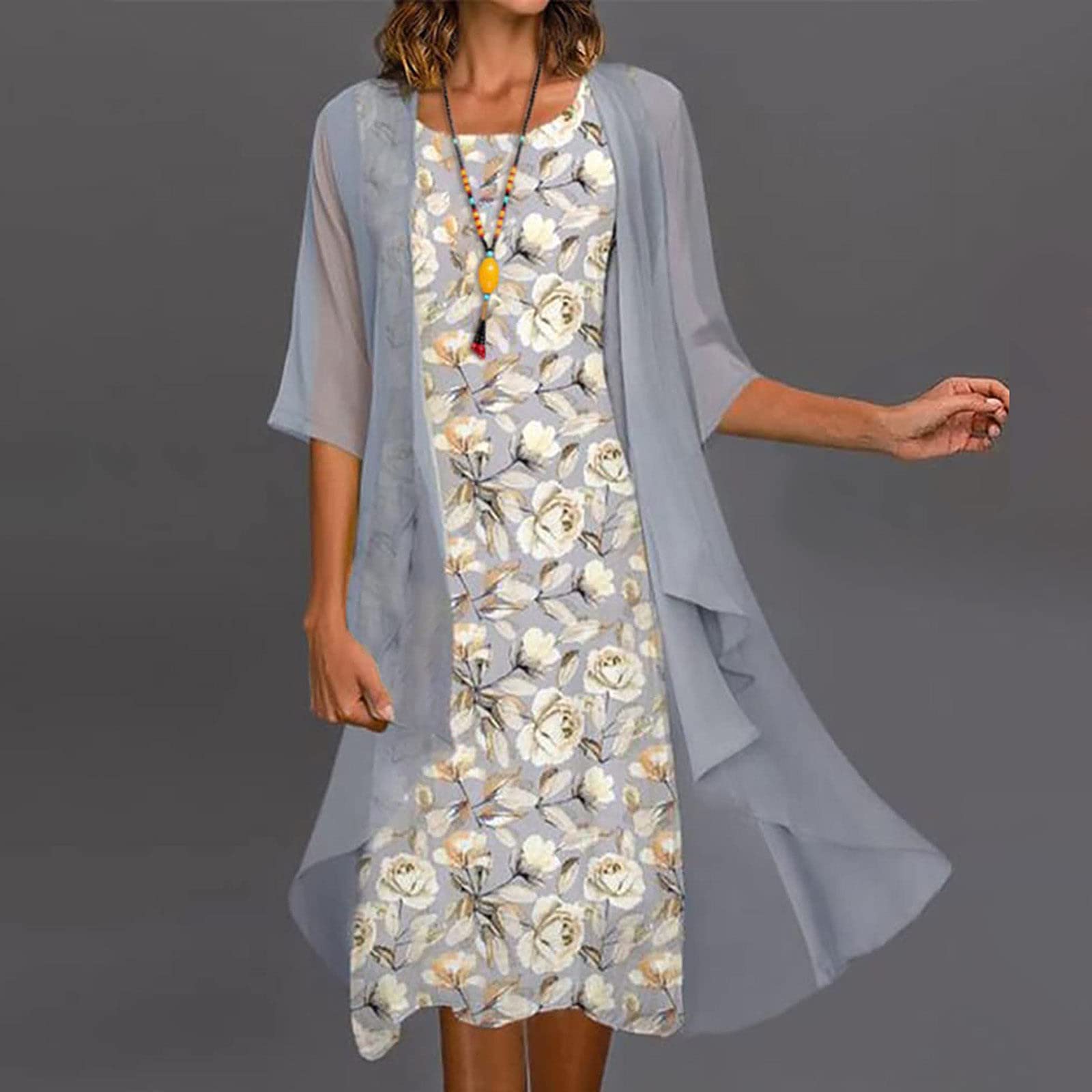 Plus Size Flowy Floral Chiffon Two Piece Dress for Women - Summer Sleeveless Crewneck Wedding Guest Outfit | Beach Party, Garden Wedding & Special Occasion Wear