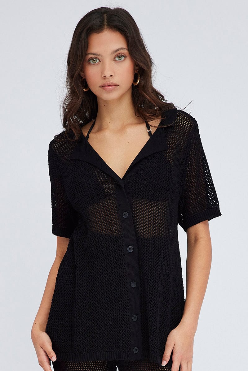 Black Collar Knit Top Short Sleeve Women's Casual T-Shirt - Perfect for Office, Dating & Everyday Wear
