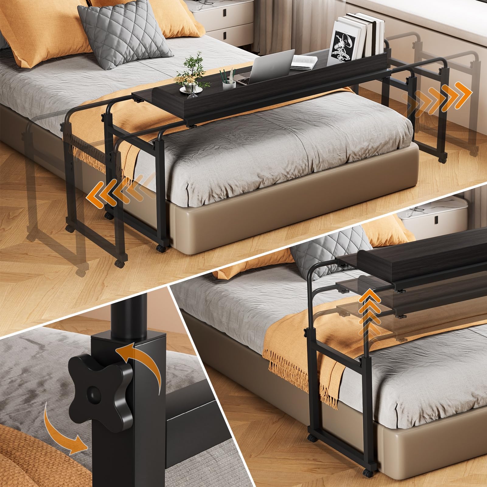 Adjustable Over Bed Table with Wheels - Rolling Laptop Cart & Standing Workstation for Home Office, Bedroom & Hospital Use - Sturdy Metal Legs Tray Table in Matte Black - Perfect for Eating, Working & Patient Care