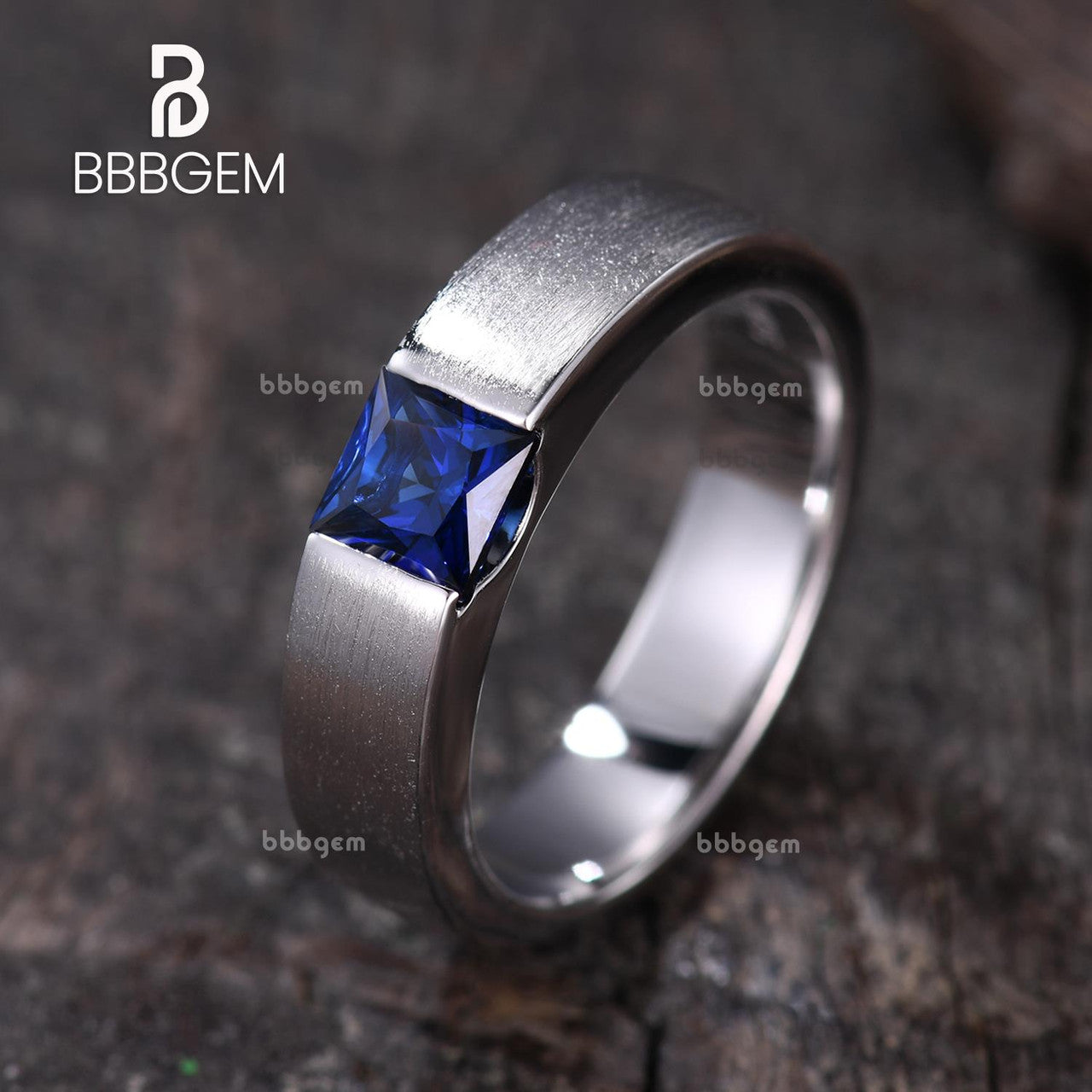 Blue Sapphire Men's Ring - Princess Square Solitaire Matte Band in Brushed White Gold for Weddings & Special Occasions