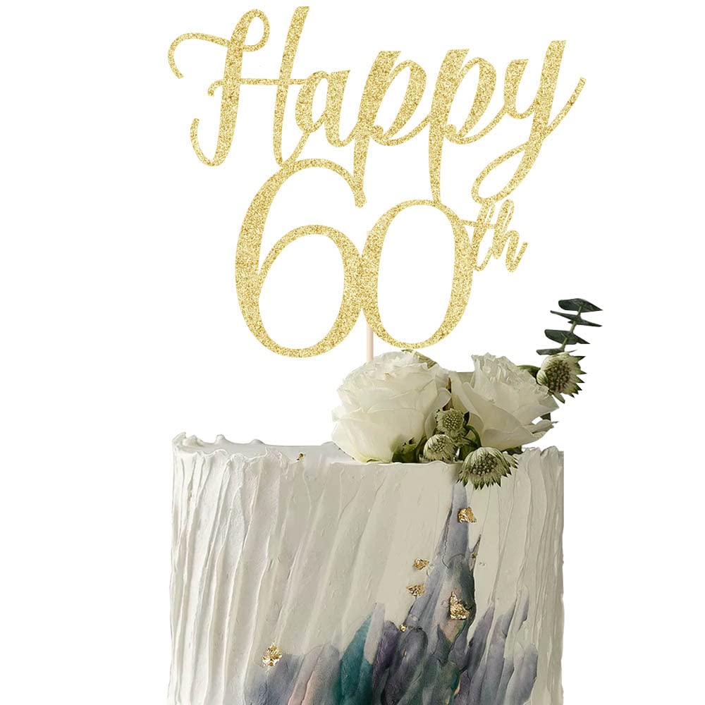YUINYO Happy 60th Birthday Cake Topper - Handmade Glitter Cake Decorations for 60th Birthday Party, Gold Bunting Banner & Sixty Celebration Supplies - Perfect for Milestone Birthday Cakes, Retirement Parties & Anniversary Decorations