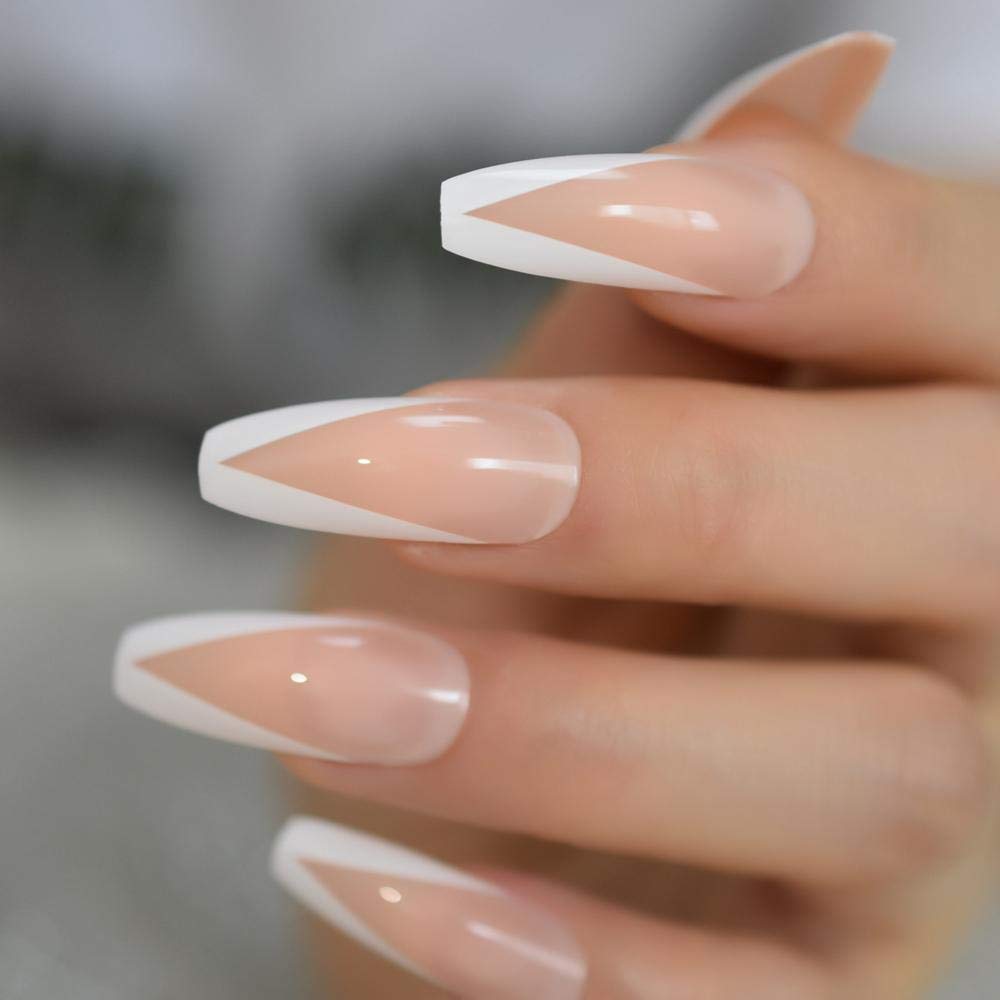 HUIL White French Ballerina Fake Nails - Natural Nude Glossy Coffin False Nail Tips with Free Adhesive Tapes for Salon, Party & Special Occasions | Easy DIY Manicure at Home
