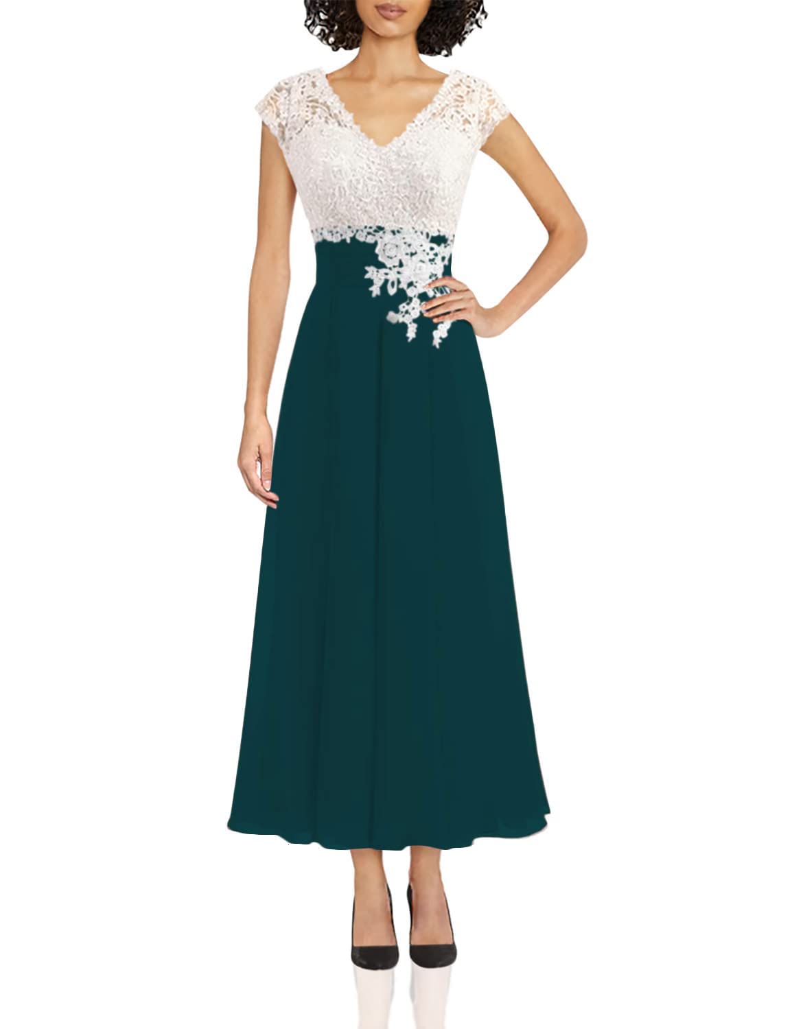 Ivory Lace Chiffon V-Neck Bridesmaid Dress for Women - Elegant Cap Sleeve Mother of The Bride Dress for Weddings & Special Occasions