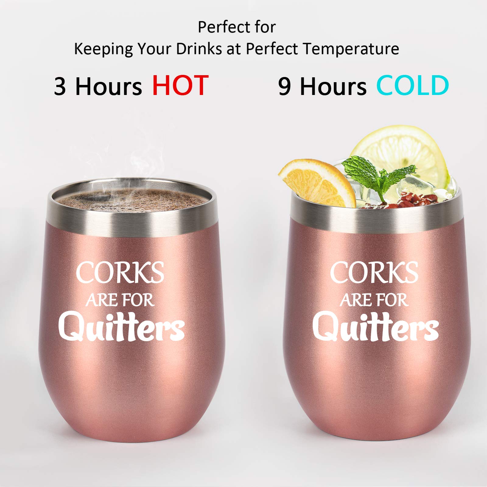 Stainless Steel Wine Tumbler with Lid - 12oz Rose Gold Insulated Stemless Cup for Women | Unique Birthday & Christmas Gift for Wine Lovers | Perfect for Parties, Picnics & Home Entertaining