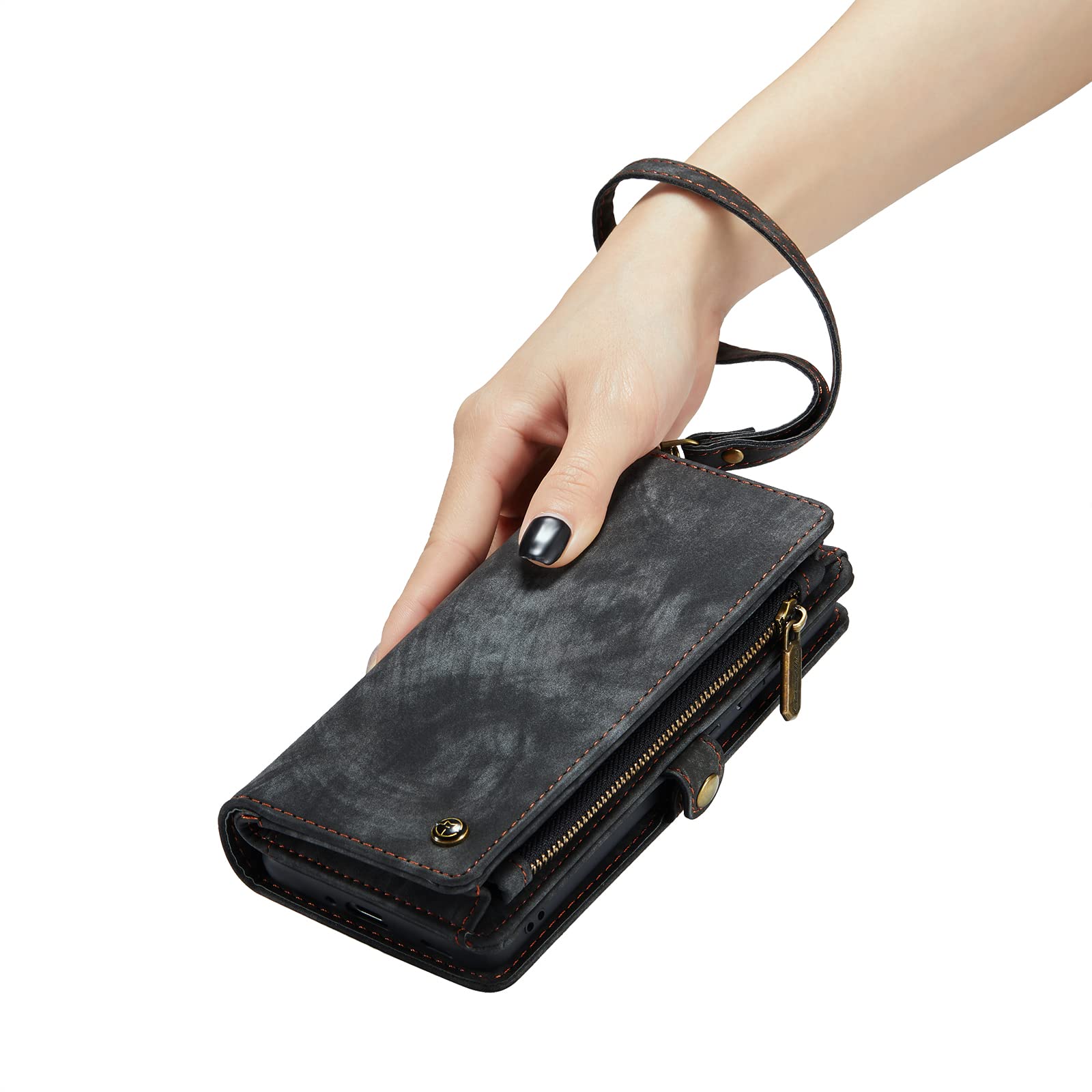 Genuine Leather Wallet Case for Samsung Galaxy S21 Plus - Detachable Magnetic Cover with Zipper Purse, RFID Blocking & Card Slots | Perfect for Business, Travel & Everyday Protection (Black)