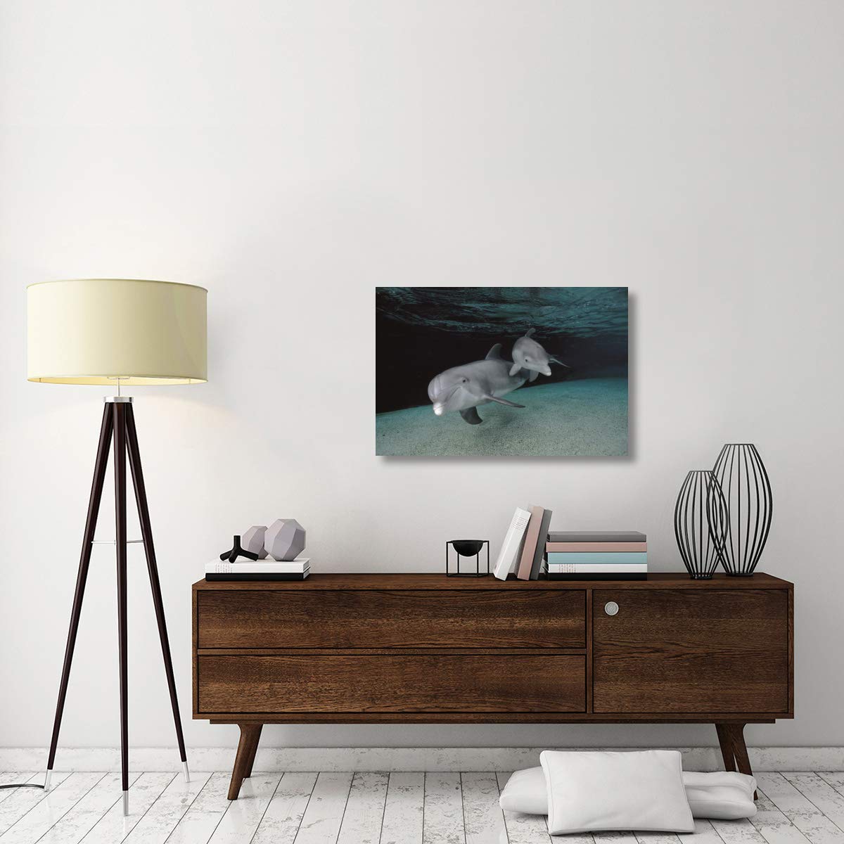 Bottlenose Dolphin Mother and Baby Swimming Underwater Canvas Wall Art - 36x24 Inches - Ocean Wildlife Nursery Decor, Beach House Living Room Painting