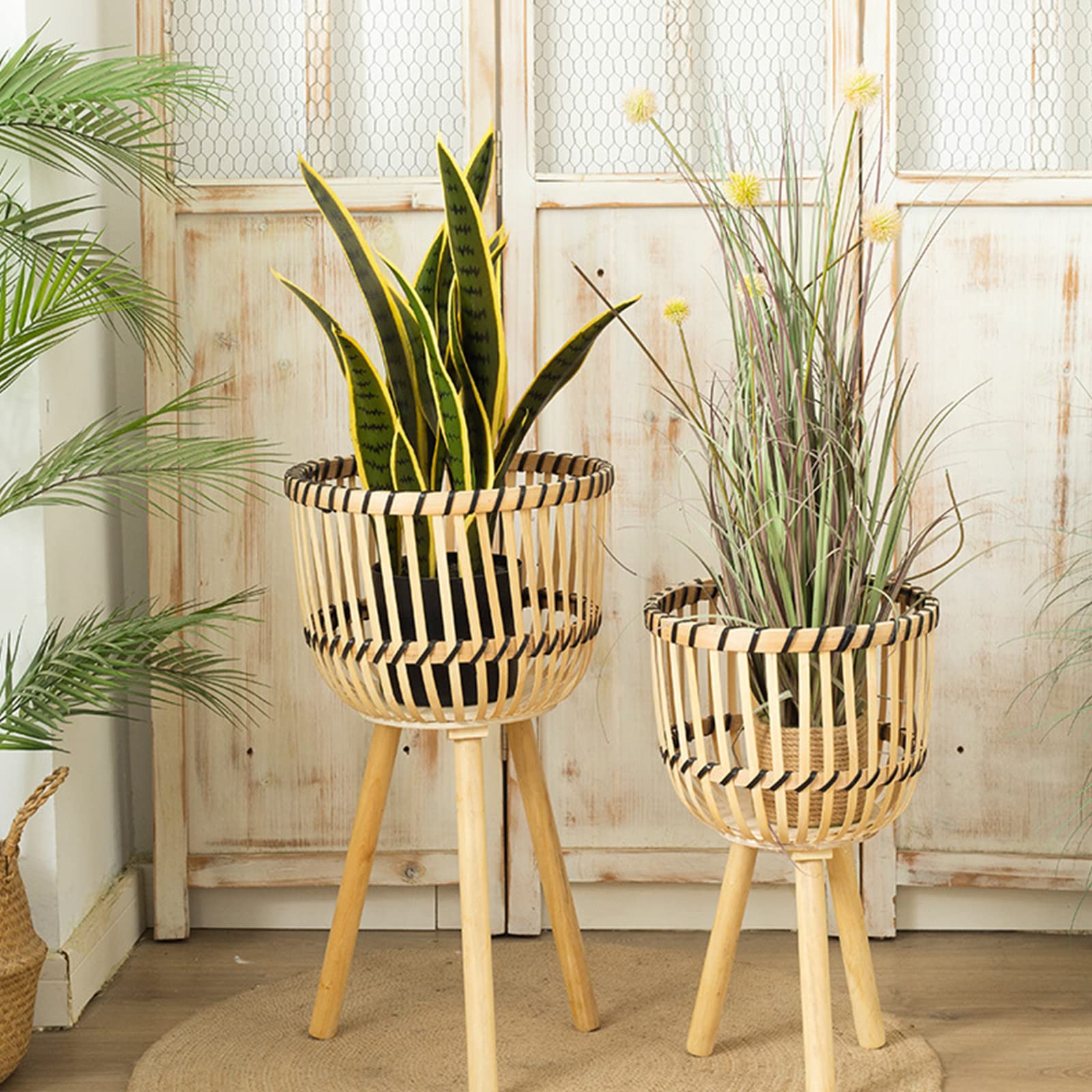 Natural Bamboo Woven Plant Pot Stand with Wooden Legs - Indoor Rattan Basket Flower Pot Holder - Boho Chic Floor Plant Stand for Home Decor, Living Room, Bedroom & Office Display (Khaki, Small)