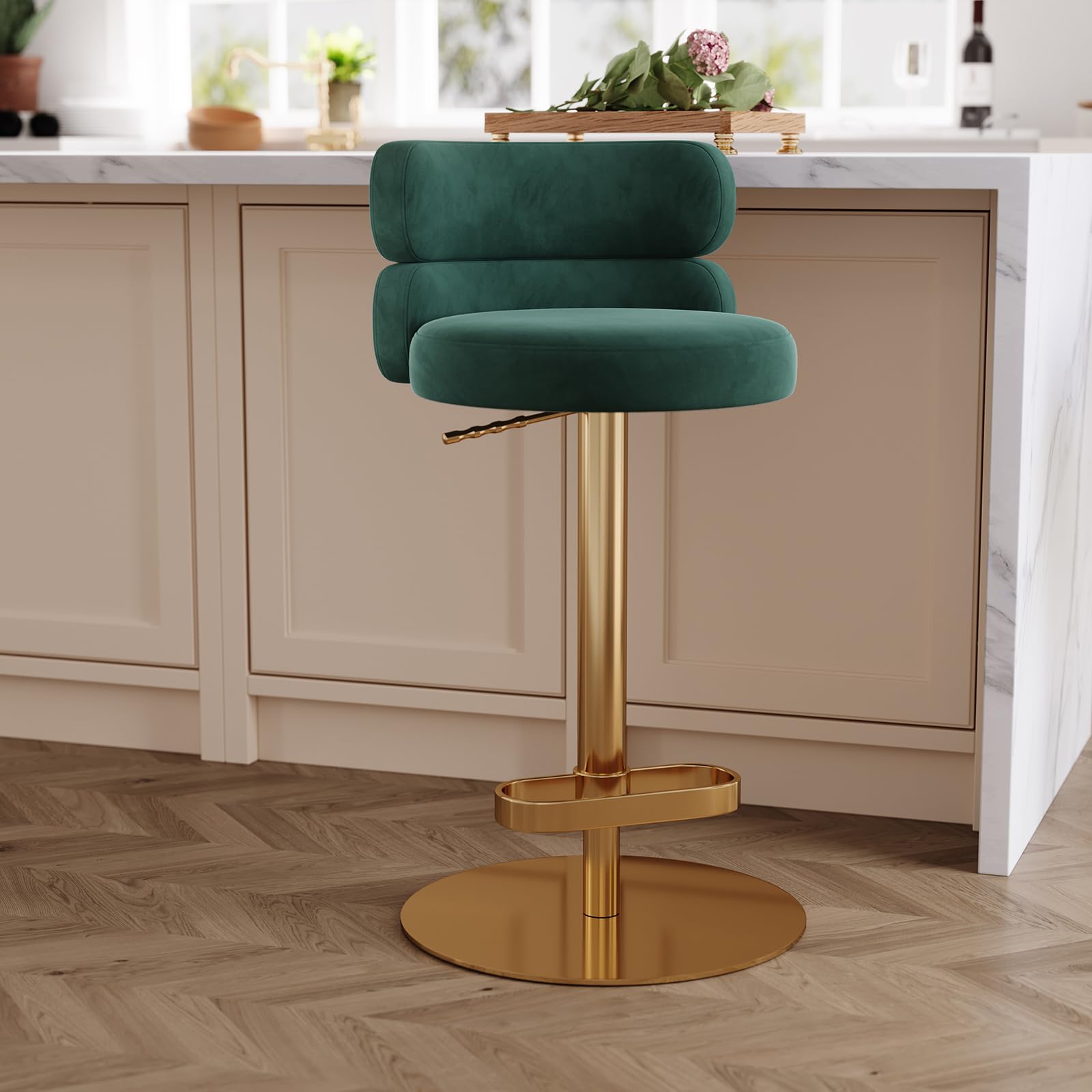 Modern Adjustable Height Swivel Bar Stools with Back - Gold Legs Counter Height Barstools for Kitchen Island, Living Room, Coffee Shop - Set of 1 (Green) - Perfect for Entertaining, Dining & Home Decor