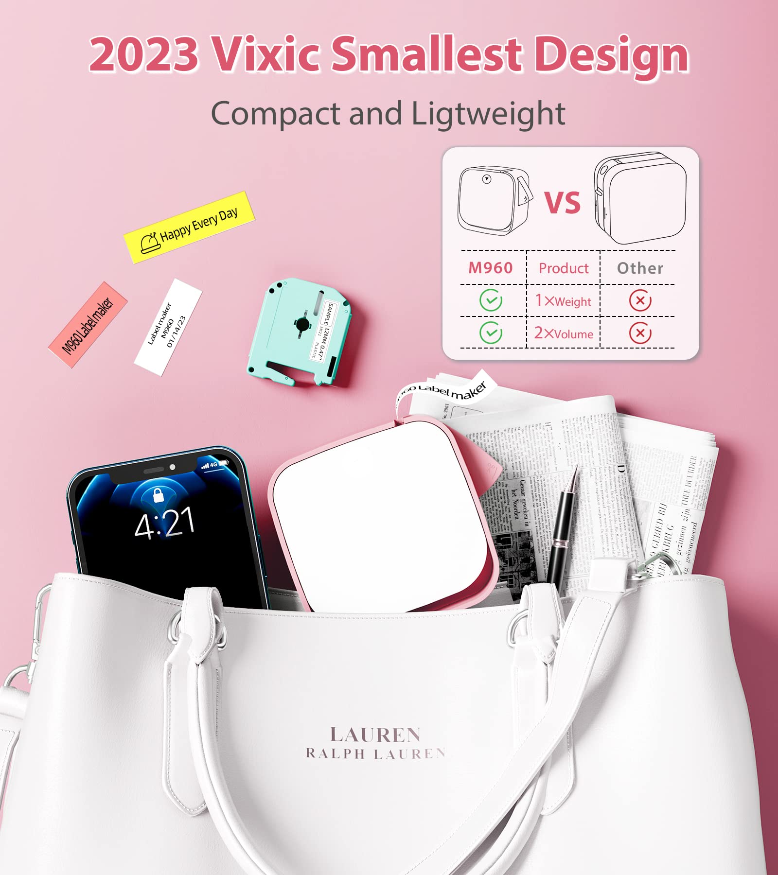 Pink Mini Label Maker Machine with 4PK Tapes - M960 Handheld Bluetooth Label Printer for Home, Office & School Organization | Perfect for Kids Items, Classroom Supplies & Teacher Gifts | Ideal for Back to School, Closet Organization & Craft Labeling