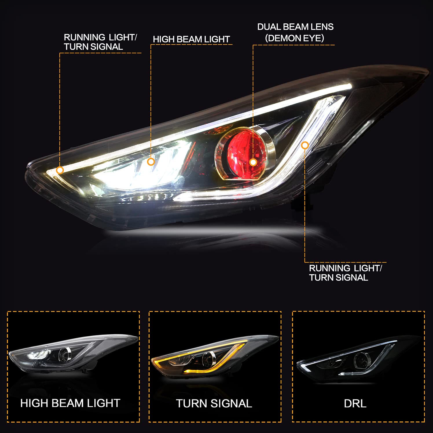 VLAND LED Headlights Assembly for Hyundai Elantra 2012-2015 & Elantra Coupe 2013-2014 - DRL, Turn Signal, Plug and Play Headlamps with Demon Eyes - Perfect for Night Driving and Car Customization