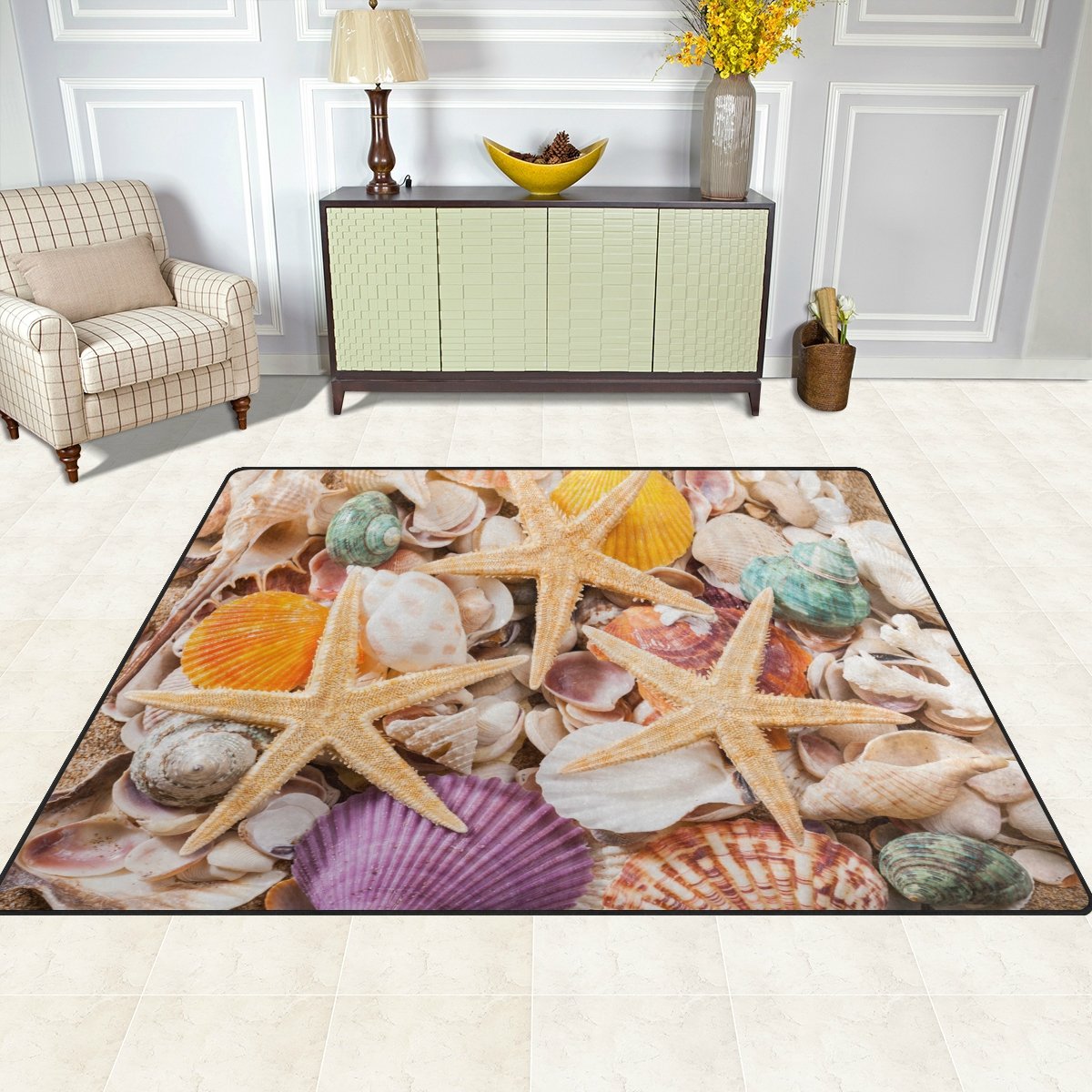 ALAZA Funny Starfish Seashell Beach Themed Area Rug - 7' x 5' Soft Non-Slip Floor Mat for Living Room, Bedroom, Nursery & Beach House Decor | Perfect for Coastal Home Decor, Vacation Rentals and Summer Themed Spaces