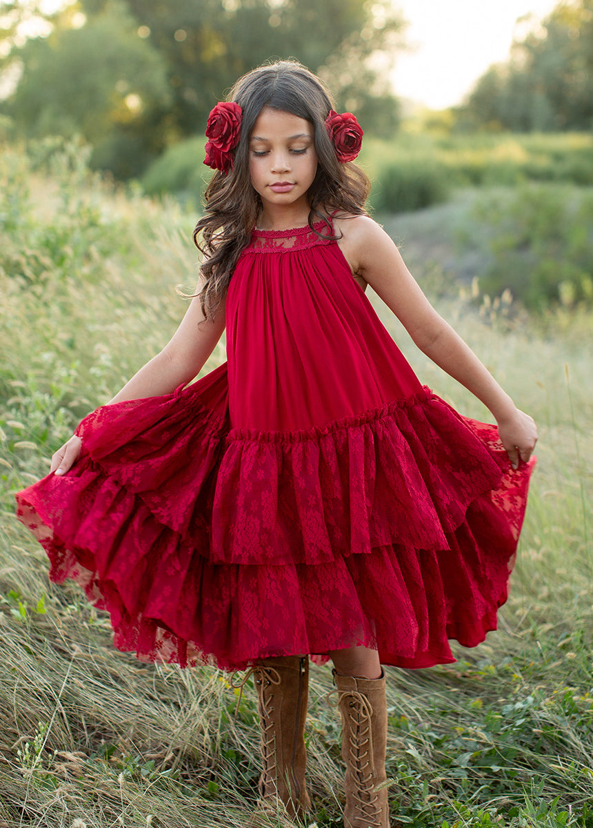 Elegant Catrina Dress in Crimson Red - Perfect for Daytime Outings, Parties, and Special Occasions