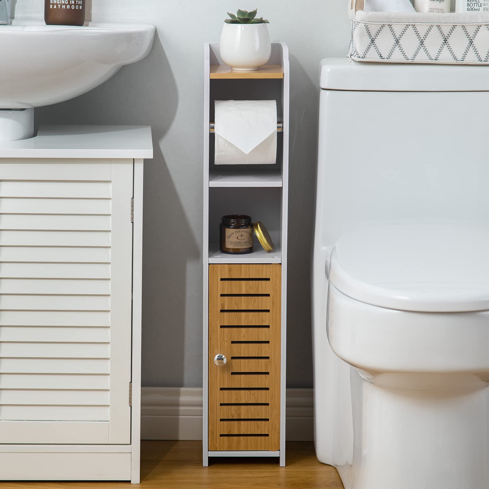 AOJEZOR 2-Pack White & Bamboo Toilet Paper Holder with Roll Extender - Waterproof Bathroom Storage Cabinet for Small Spaces | Perfect for Compact Bathrooms, Powder Rooms & RVs