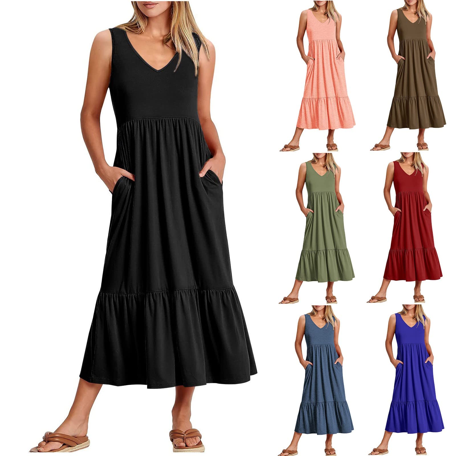 Women's Summer Vacation Dress 2024 - Sleeveless V-Neck Sundress with Pockets for Beach & Travel