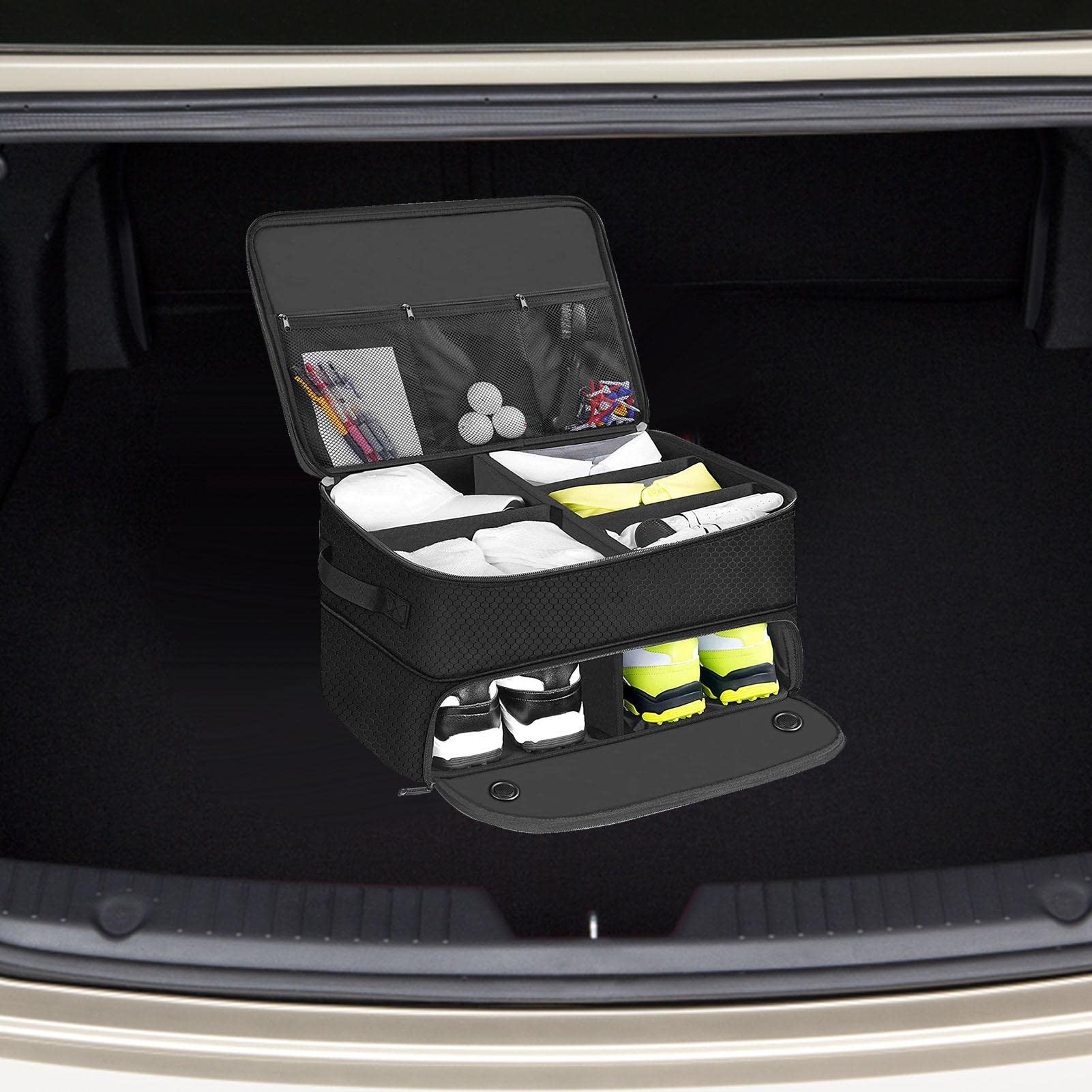 2 Layers Golf Trunk Organizer - Expandable Car Storage with Waterproof Golf Bag & Ventilation Compartments | Perfect for Golf Gear Organization & Travel Accessories Storage