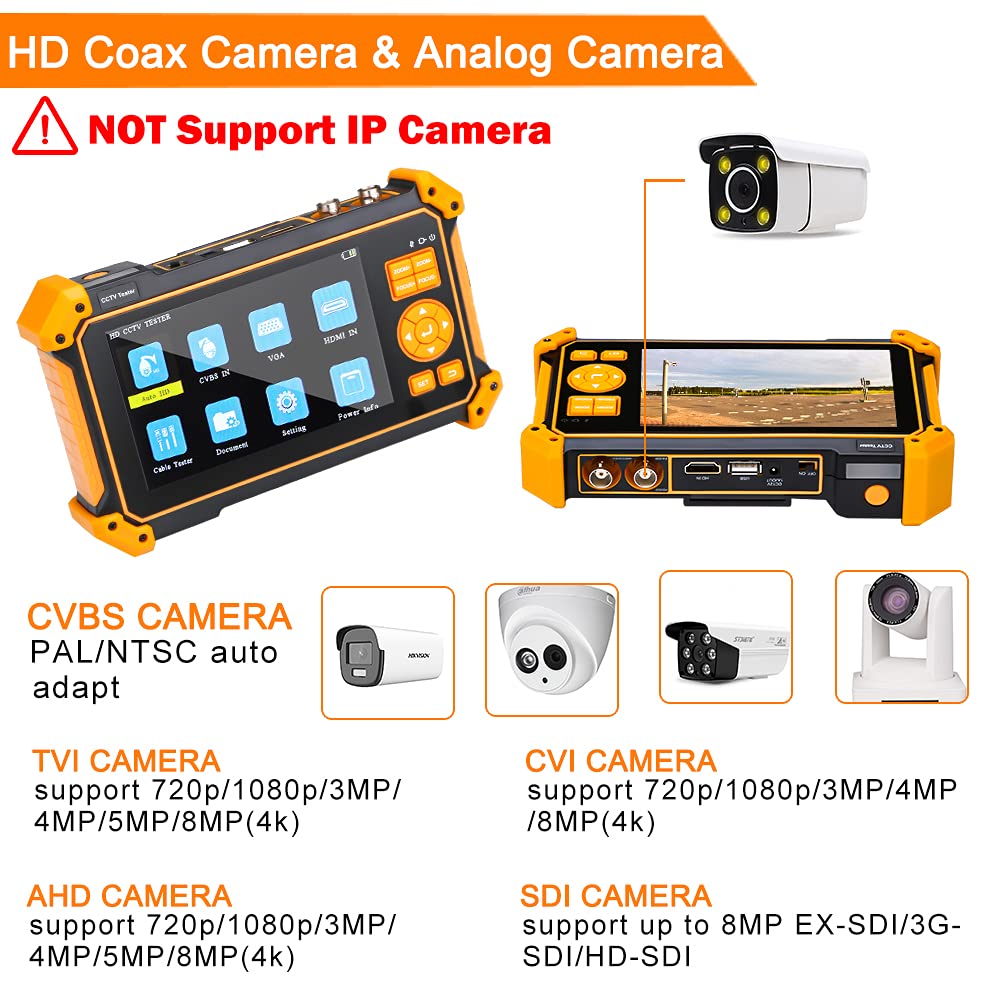 5 Inch TFT-LCD CCTV Camera Tester Monitor - 4K 8MP Support for CVI/TVI/AHD/SDI/CVBS & Analog Cameras | HDMI/VGA Input | PTZ Control | DC12V Power Output | UTP Cable Tester | 3200-Plus Functions - Ideal for Security System Installation & Maintenance
