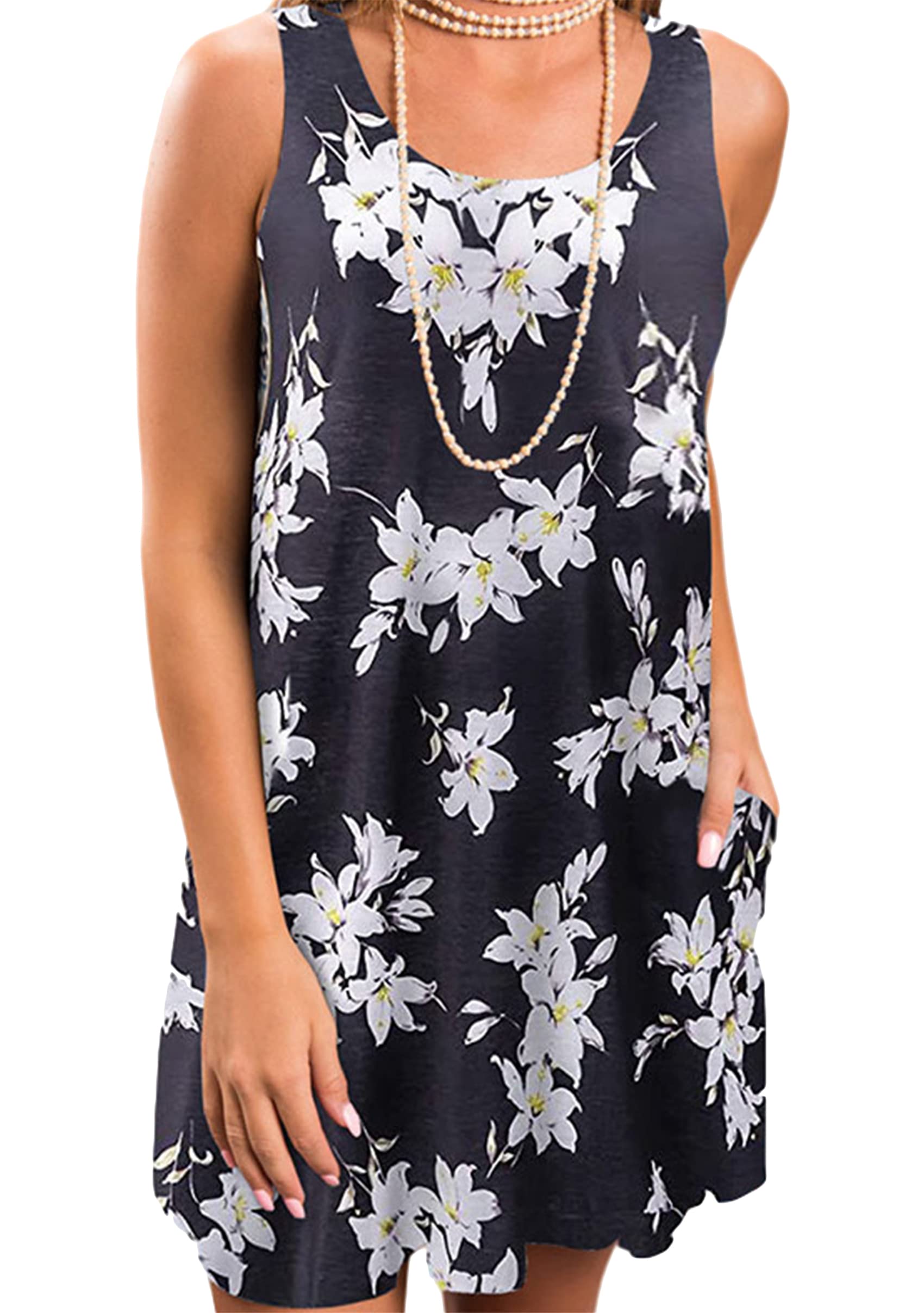 YMING Women's Floral Print Sleeveless Tank Dress - Summer Loose Tunic Mini Dress with Pockets | Casual Beach Wear, Vacation Outfit, Street Style Fashion