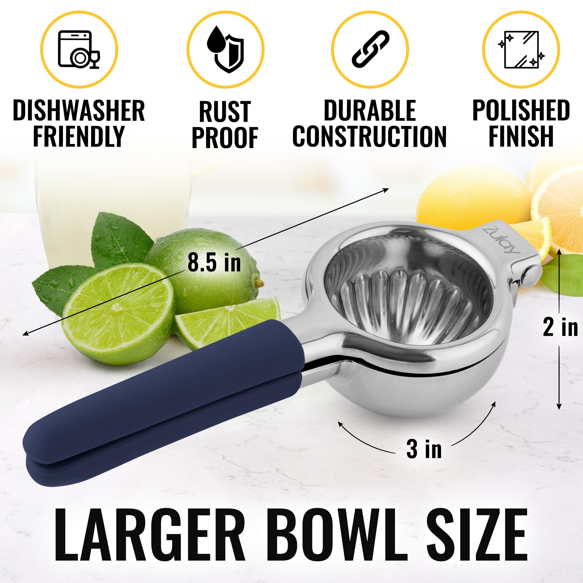Premium Stainless Steel Lemon Squeezer - Heavy Duty Manual Citrus Juicer with Solid Metal Bowl & Food Grade Silicone Handles - Lime, Orange & Lemon Press for Cocktails, Cooking & Healthy Juicing (Navy Blue)