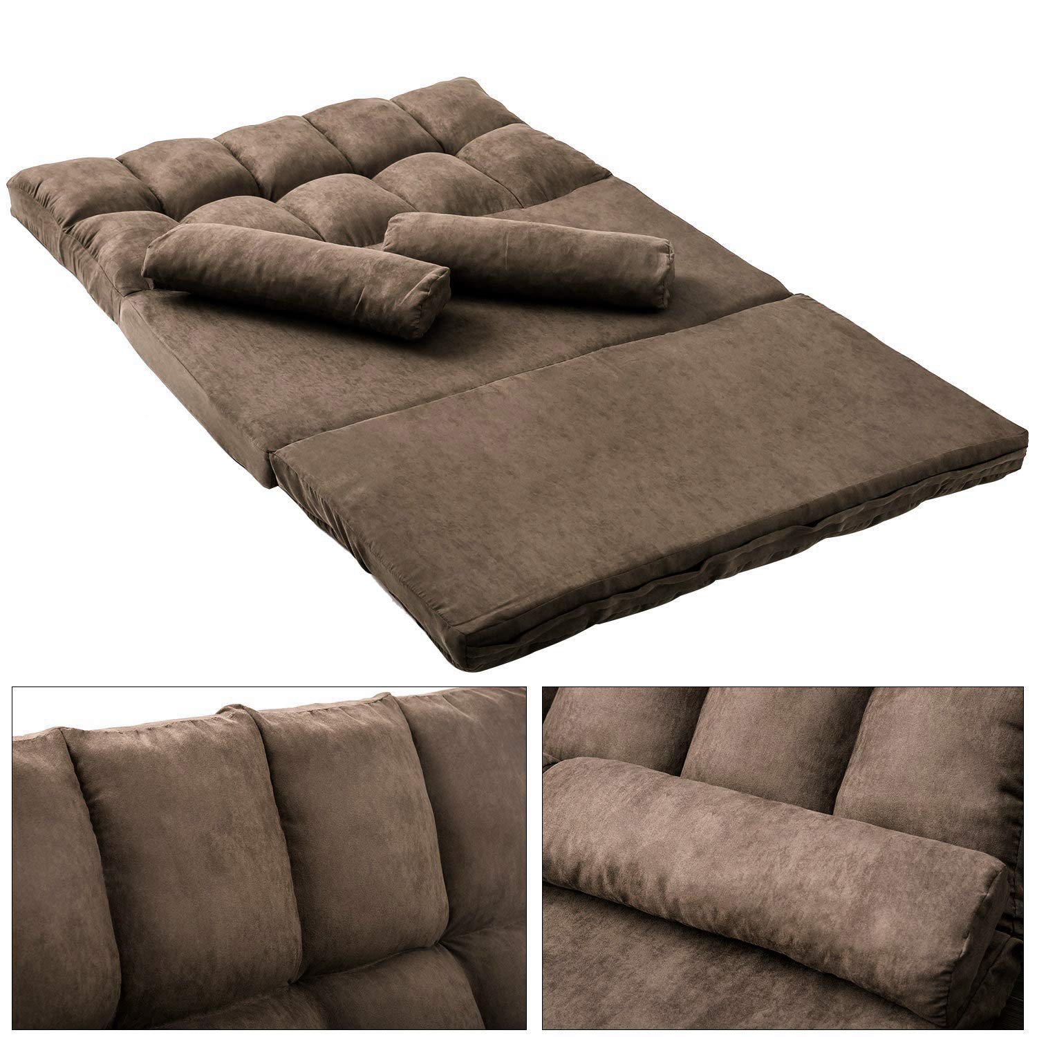 YSKWA Double Chaise Lounge Sofa Chair - Modern Floor Couch with 2 Pillows for Living Room, Bedroom, or Patio - Comfortable Brown Fabric Sectional Sofa for Relaxing, Reading, and Lounging