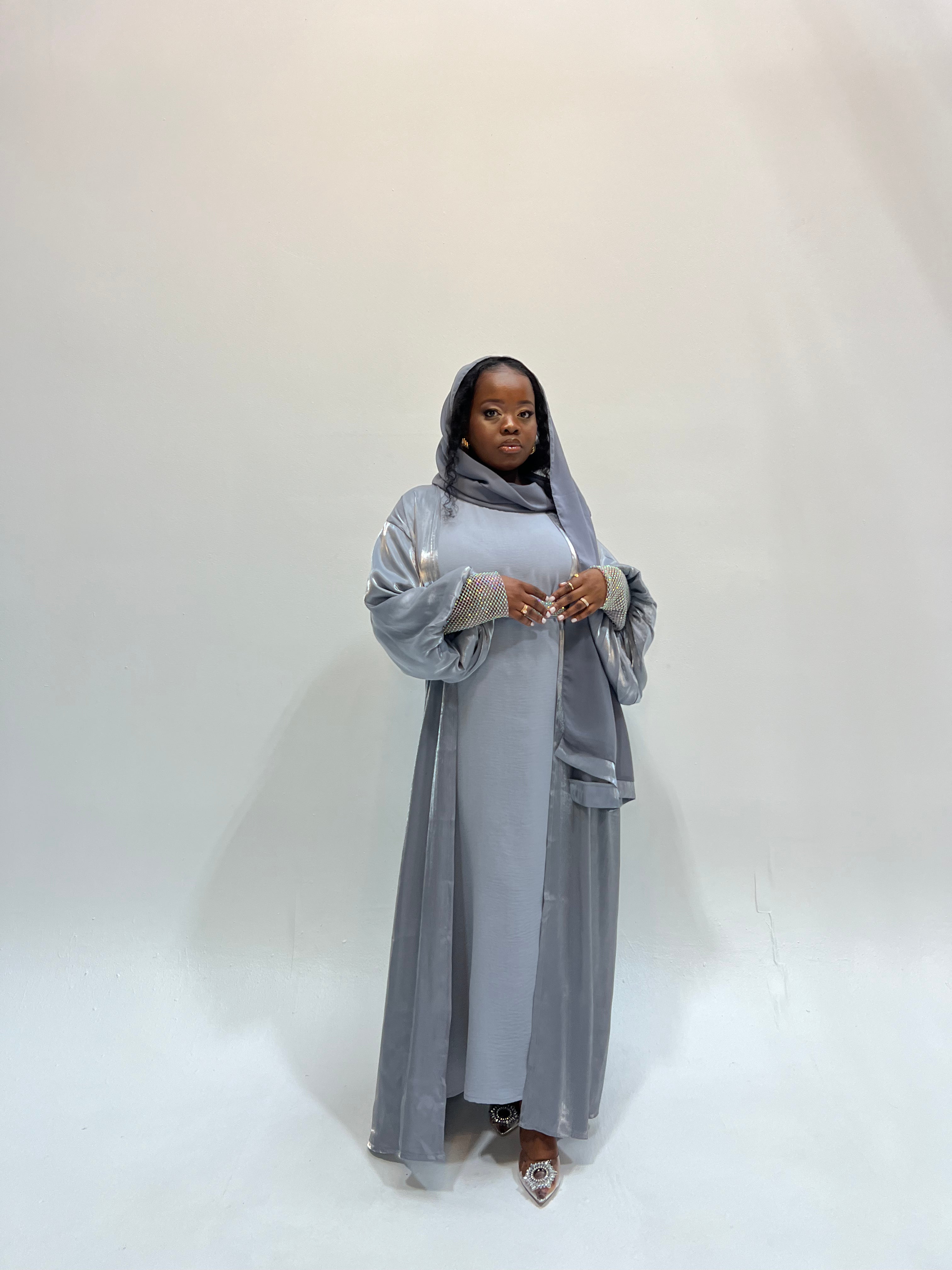 Naomi 3-Piece Abaya Set in Silver - Elegant Islamic Prayer Dress for Women, Perfect for Eid, Ramadan, and Special Occasions