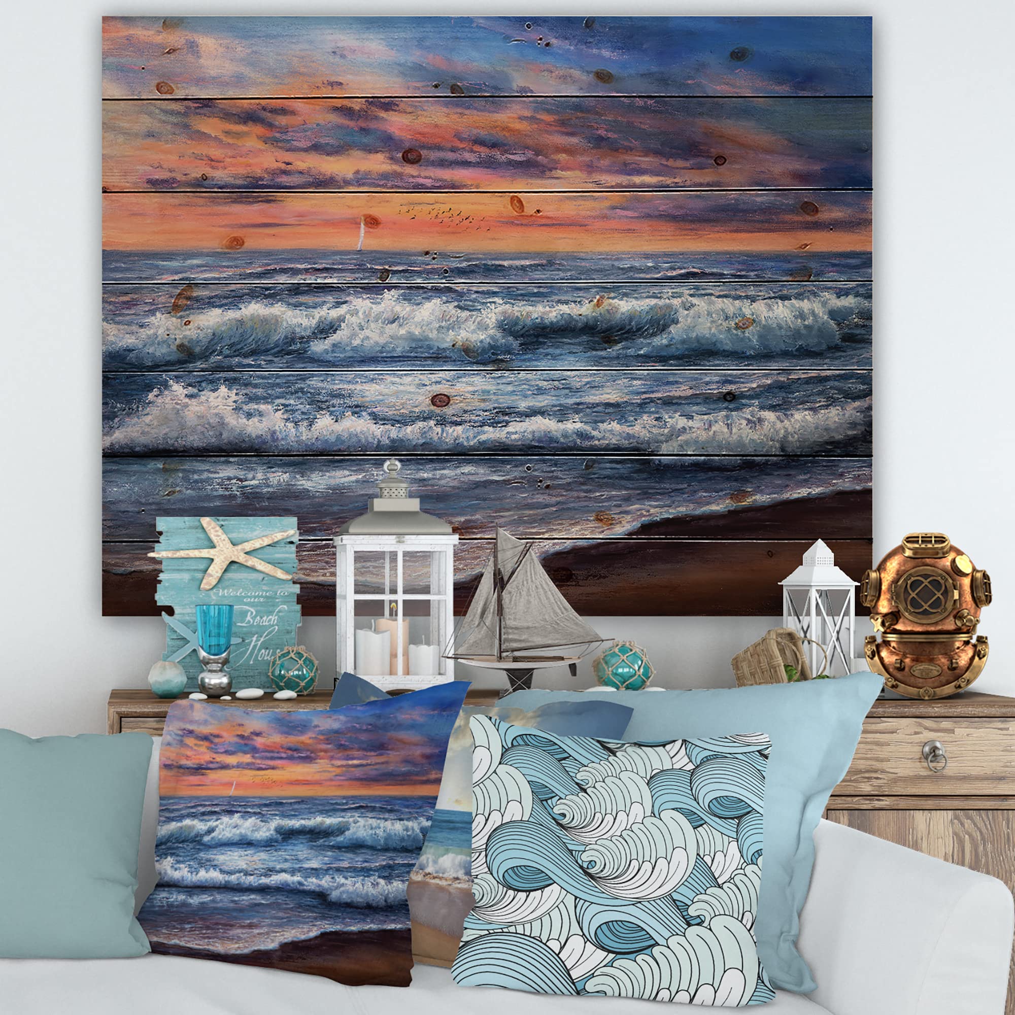 Sunset Over The Blue Ocean II - Coastal Wood Wall Art Decor | Nautical Beach Wood Panels Printed on Natural Pine | Perfect for Living Room, Bedroom & Beach House Decor