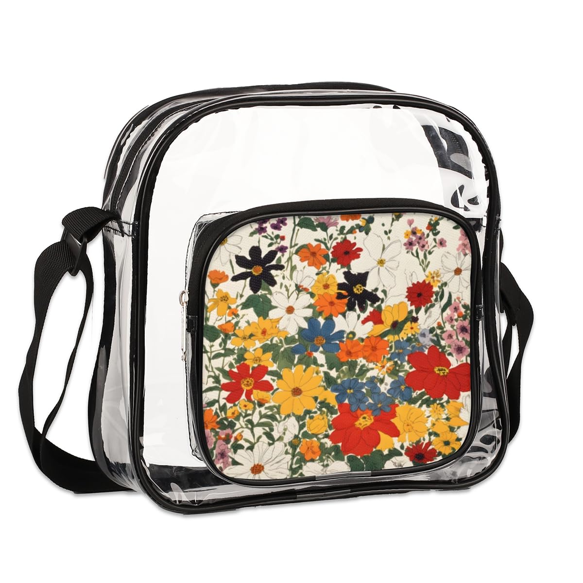Mularoka Stunning Flower Clear Crossbody Purse Bag for Women & Men - Aesthetic Floral Transparent Shoulder Bag, Stadium Approved Clear Purse for Concerts, Festivals, Sports Events & Travel - Fashionable & Functional Accessory for Everyday Use