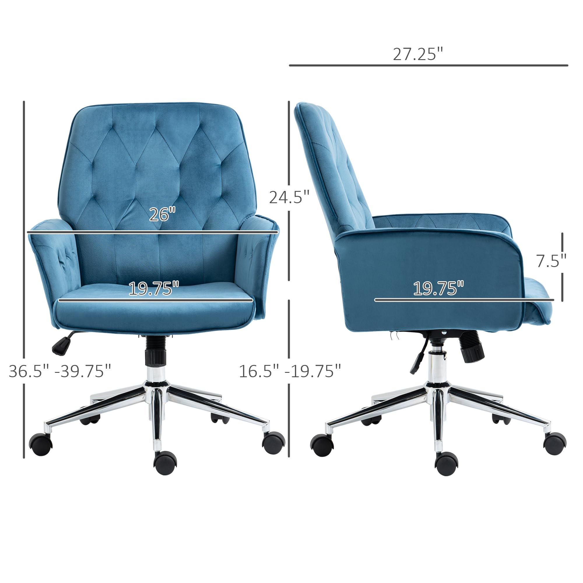 Vinsetto Velvet Home Office Chair - Adjustable Height, Swivel Wheels & Padded Armrests, Tufted Computer Desk Chair in Blue | Ergonomic Support for Work, Gaming & Study