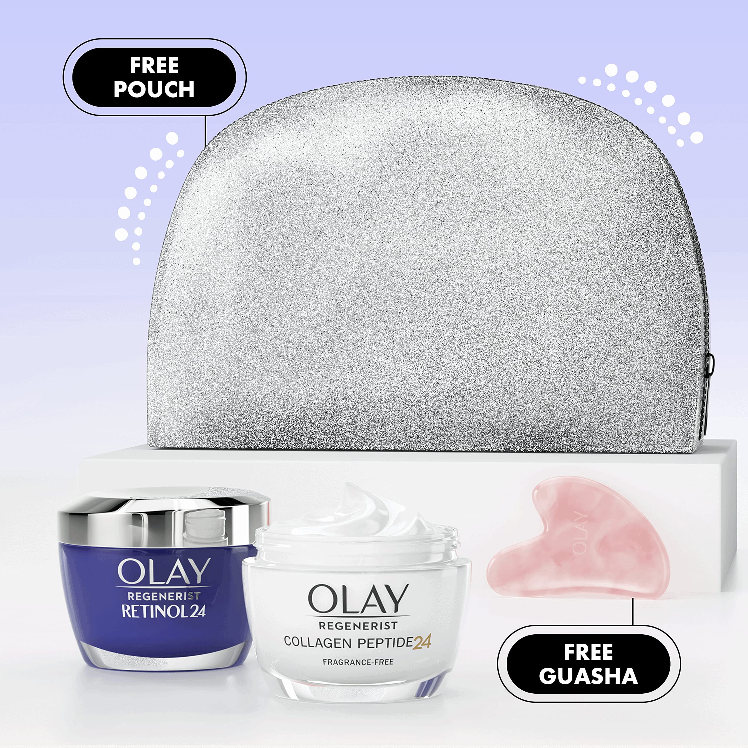 Olay Moisturizer Gift Set for Women - Retinol 24 Night Cream & Collagen Peptide 24 Face Cream (50ml Each) - Anti-Aging Skincare Kit with Free Makeup Bag & Gua Sha Tool - Perfect for Smooth, Glowing Skin - Ideal Gift for Holidays, Birthdays & Self-Care Routines