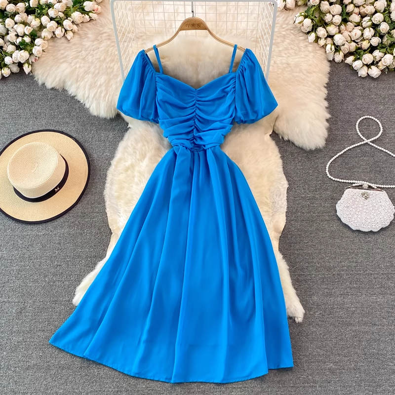 Bubble Short Sleeve Square Neck Dress - Pleated A-Line Chiffon Long Skirt for Women | Summer Casual Flowy Dress for Beach, Party & Everyday Wear | Style 926