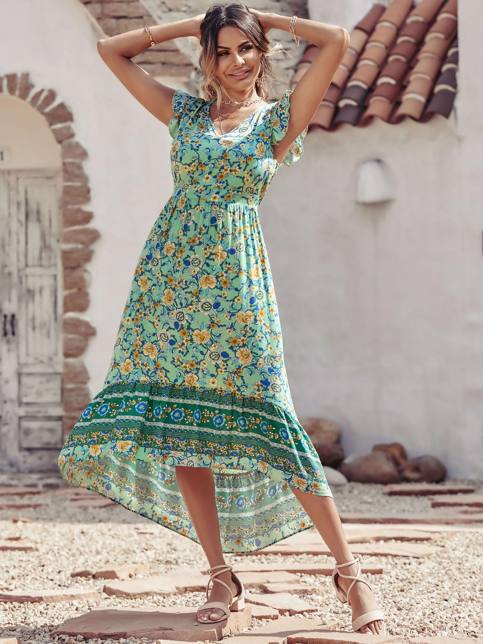 PRETTYGARDEN Women's Summer Maxi Dress 2025 - Floral Print V-Neck Boho Beach Dress with Cap Sleeves, Flowy High-Low Hem in Green & Yellow | Perfect for Vacations, Beach Parties and Casual Outings