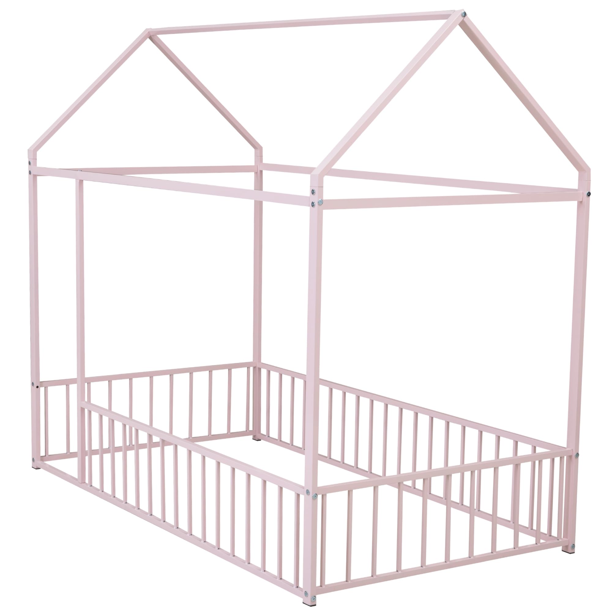 Montessori Twin Floor Bed with Safety Rails for Kids - Metal Frame Playhouse Bed with Roof for Boys, Girls & Toddlers | Sturdy Post Foot Pads for Teens - Perfect for Bedrooms, Playrooms & Montessori Learning Spaces