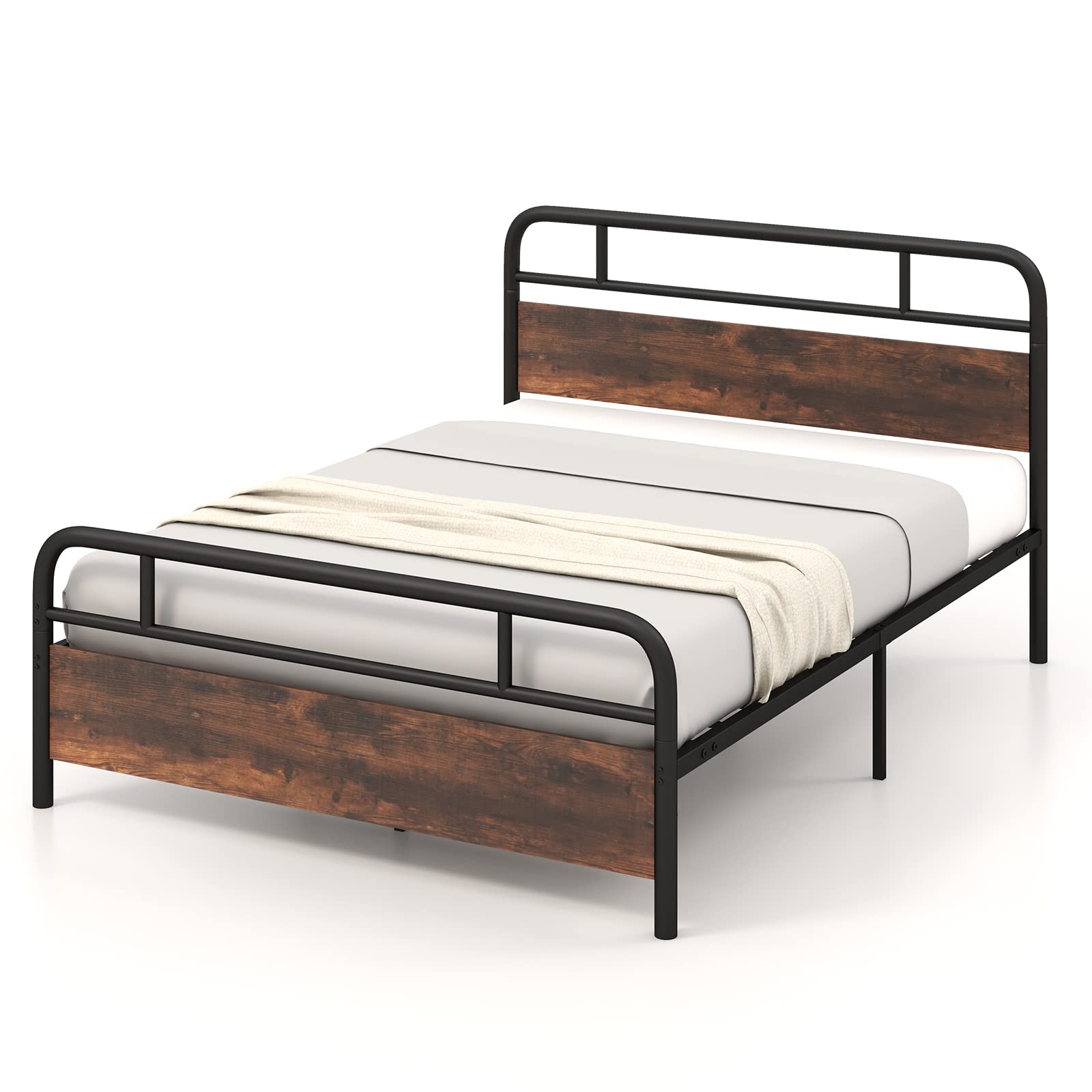 Giantex Queen Size Metal Bed Frame with Wood Headboard & Footboard - Heavy Duty Platform Bed with Reinforced Metal Slats, No Box Spring Needed - Rustic Brown Industrial Style Bed Frame for Bedroom, Guest Room, or Dorm